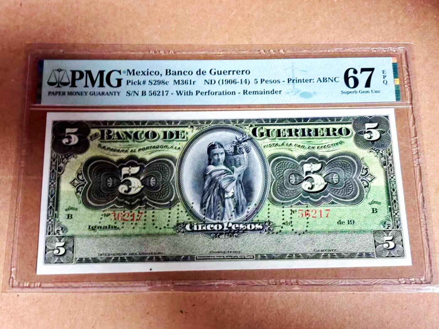 【Blue Auction】世界纸币精拍第792期——18级TOP拍卖/信誉/品质/专业/高效💫  【唯一冠军分】墨西哥1906-14年5比索 果篮女孩 阿卡普尔科港口景色 PMG67EPQ