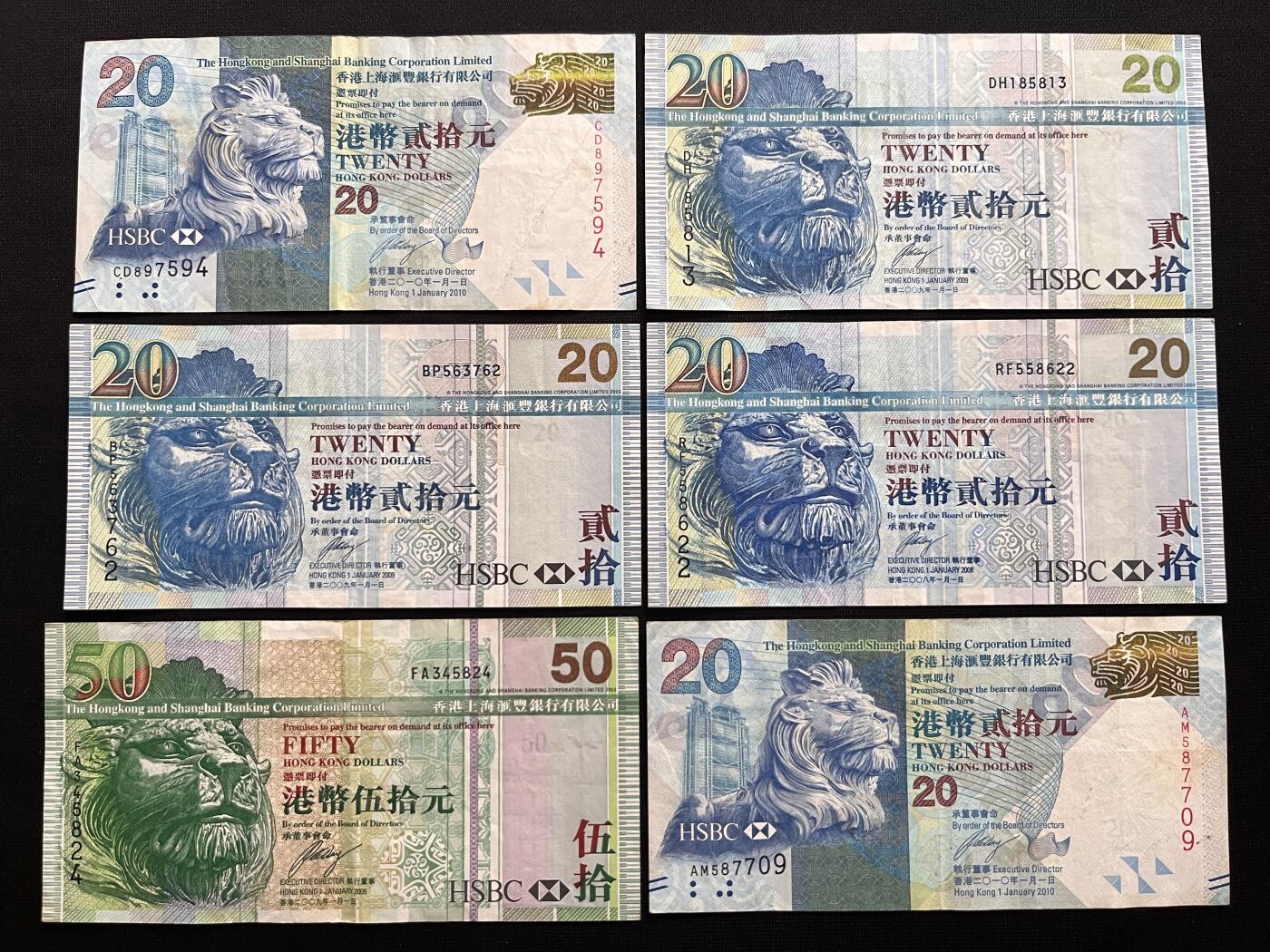 咖啡豆•收藏 2026年Mar_14th世界各国纸币拍卖 6枚 中国香港 20&50元 品如图 港澳台纸币