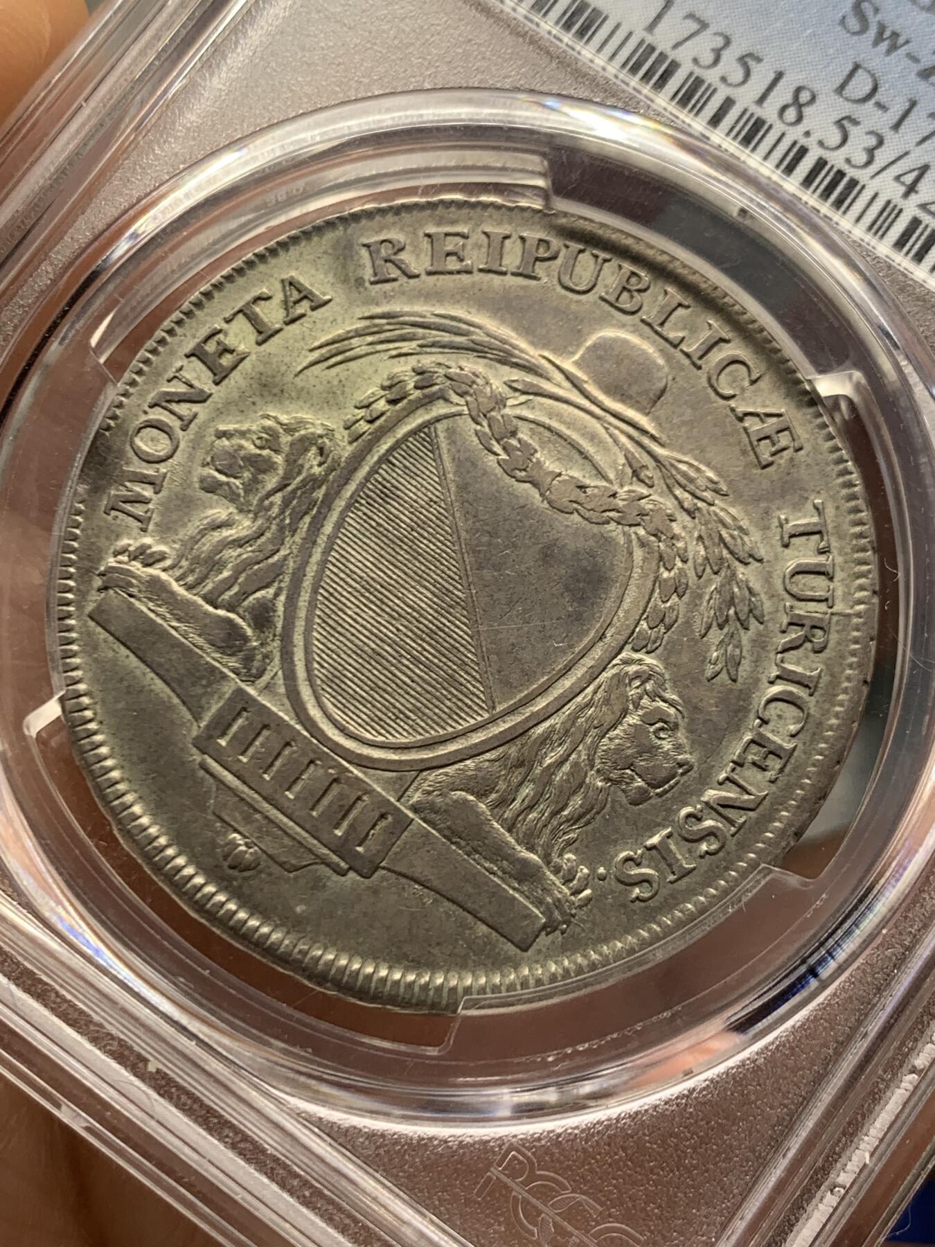 《竞宝斋》第468场 周日，周一 2场连拍 （全场包邮）欢迎送拍 PCGS AU53 瑞士 1783年 苏黎世1泰勒银币 少见品种 克书XF40标价625刀 更高分仅3枚