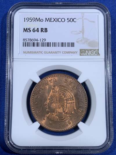 《竞宝斋》第468场 周日，周一 2场连拍 （全场包邮）欢迎送拍 - NGC MS64RB 墨西哥1959Mo大酋长铜币50分 铜币少见 车轮光状态漂亮！
