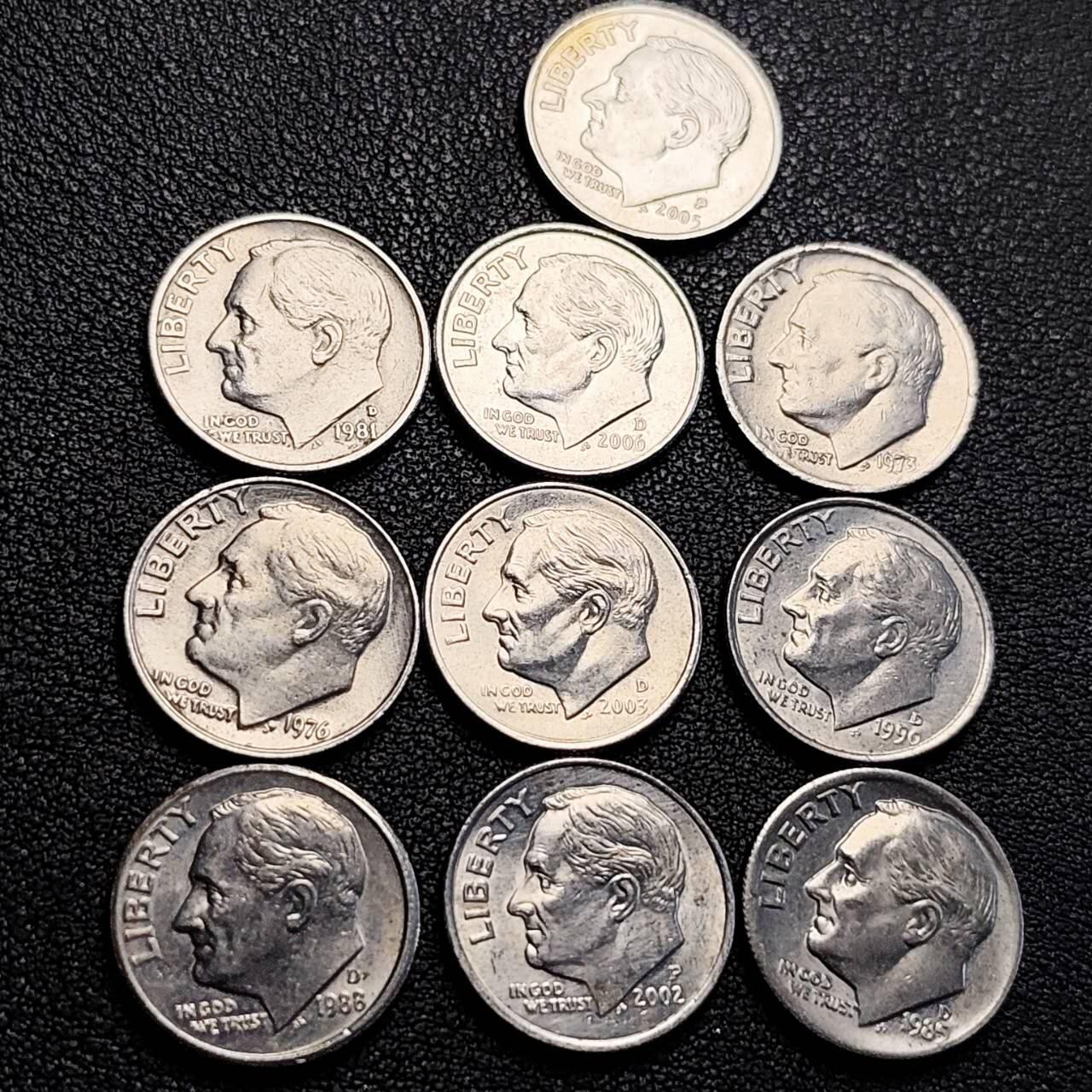 泉币菌-第205场-拍品多 请提前出价 10枚 高币值一组 混合年份未挑 美国10分镍币 罗斯福总统