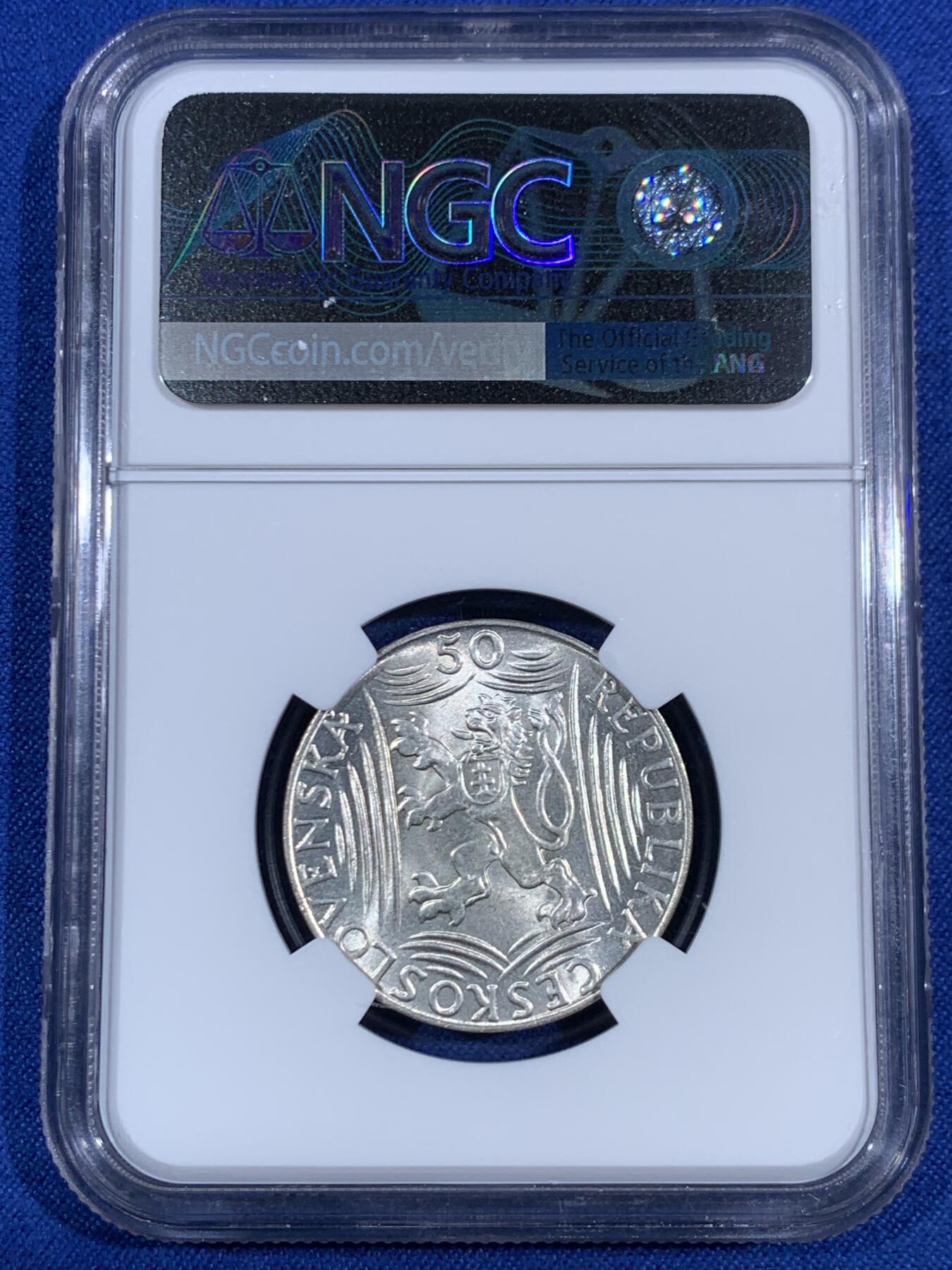 《竞宝斋》第468场 周日，周一 2场连拍 （全场包邮）欢迎送拍 NGC MS62 捷克斯洛伐克斯1949年斯大林诞辰50克朗银币