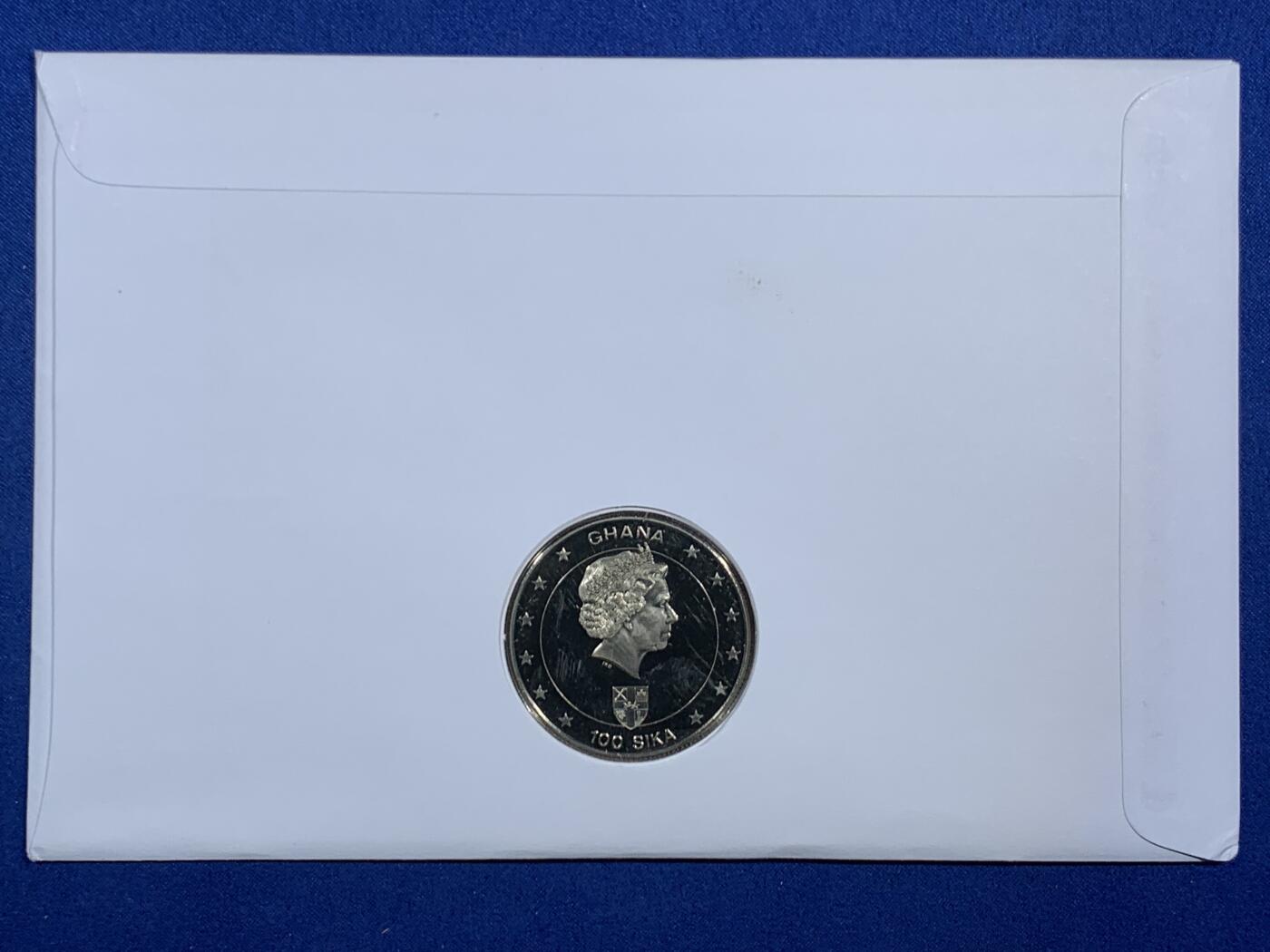 《竞宝斋》第468场 周日，周一 2场连拍 （全场包邮）欢迎送拍 加纳2002年纪念女王母亲100西卡纪念币，邮币首日封编号0232