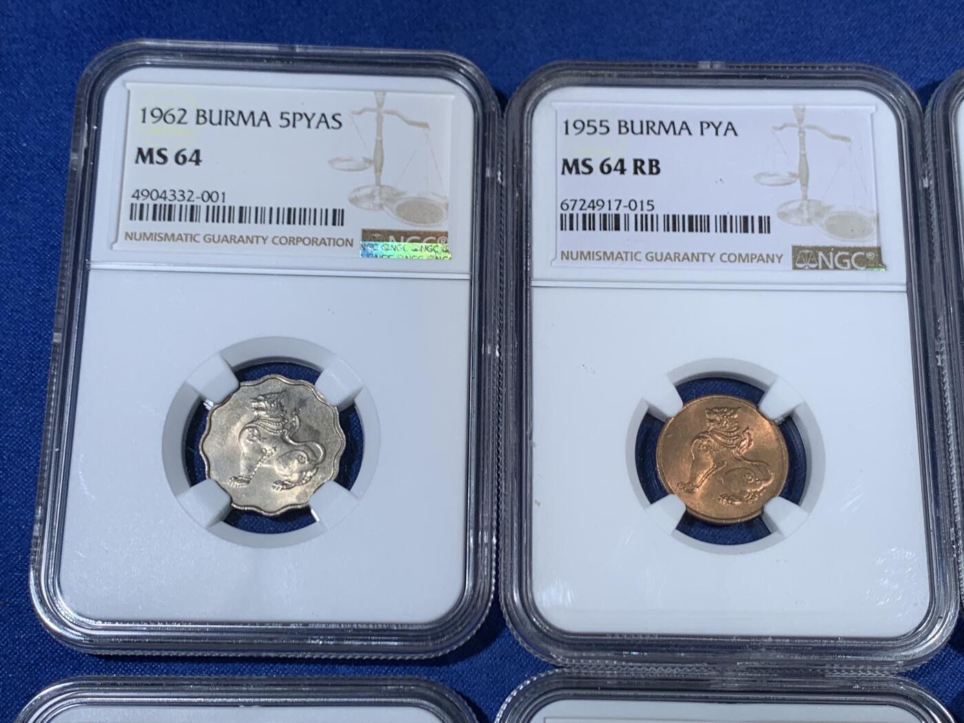 《竞宝斋》第468场 周日，周一 2场连拍 （全场包邮）欢迎送拍 六枚一组 NGC MS62-MS65 缅甸共和国第二版麒麟币，全套6个面值，流通品种高分难得。