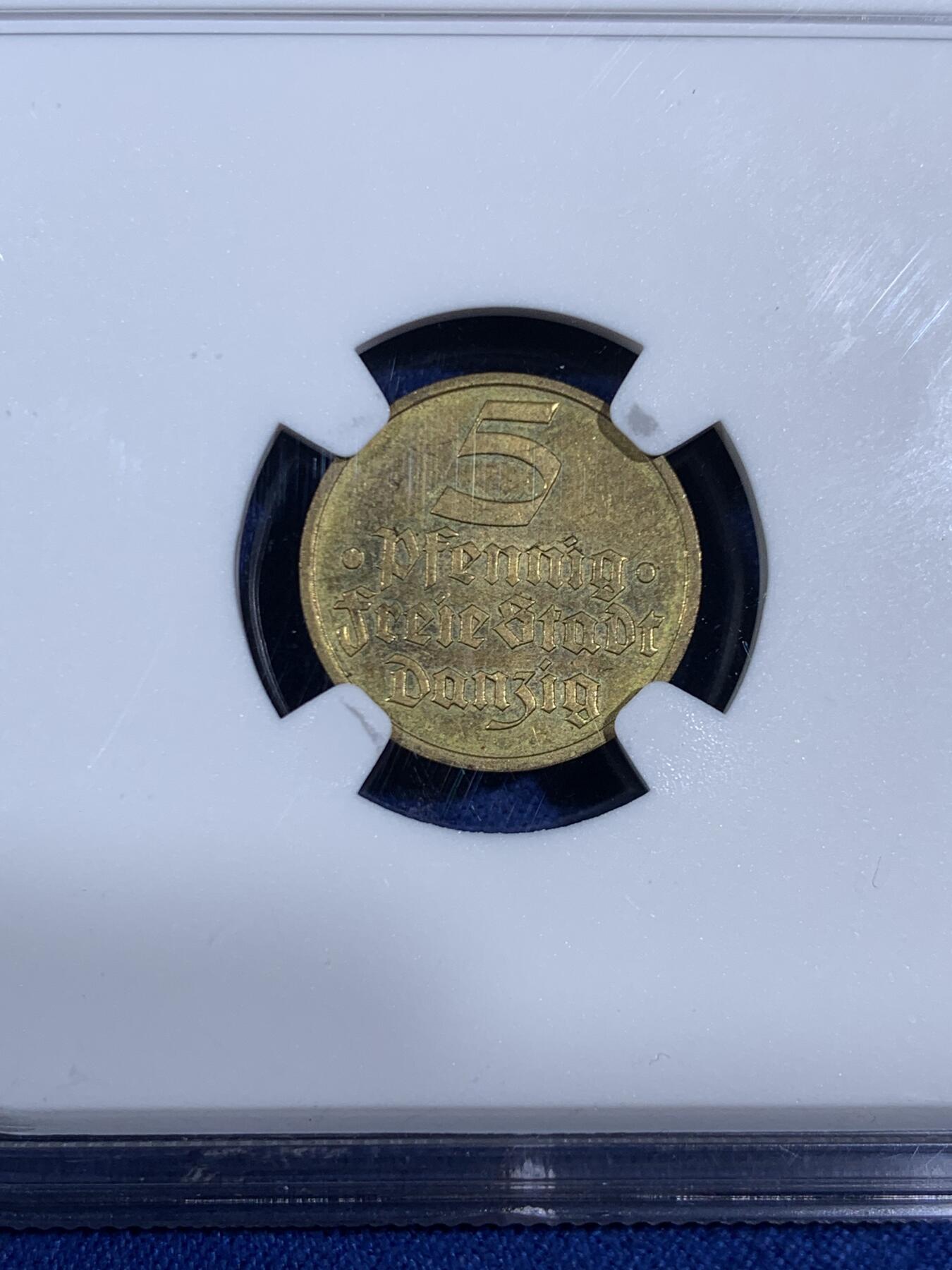 《竞宝斋》第468场 周日，周一 2场连拍 （全场包邮）欢迎送拍 NGC MS63 但泽自由市1932年比目鱼5芬尼