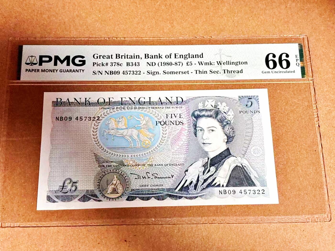 【Blue Auction】世界纸币精拍第792期——18级TOP拍卖/信誉/品质/专业/高效💫 【p378c】英国 1980-87年5镑 PMG66EPQ 