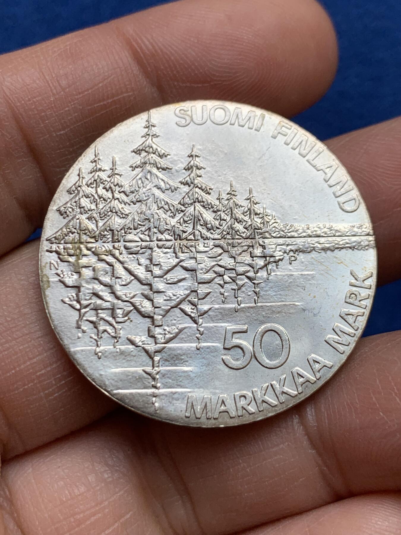 《竞宝斋》第468场 周日，周一 2场连拍 （全场包邮）欢迎送拍 芬兰1985年国家史诗-卡勒瓦拉50马克银币，500银，19.9克，克劳斯1987年4项大奖，主题为民族史诗卡勒瓦拉