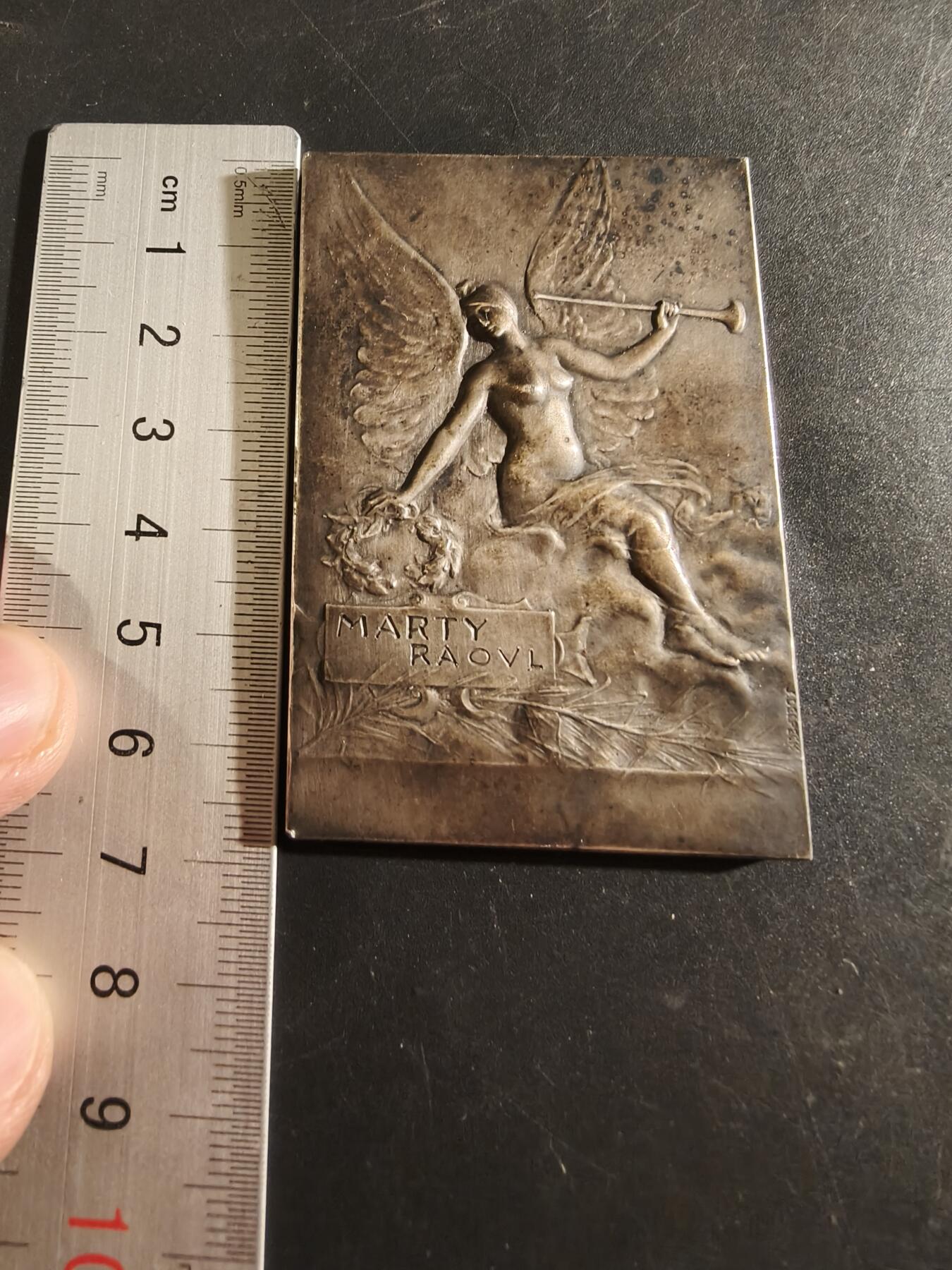 老王徽章第186期 法国1930年图卢兹美术学院二等奖方形镀银大铜章     尺寸43×69mm     重量82.4g