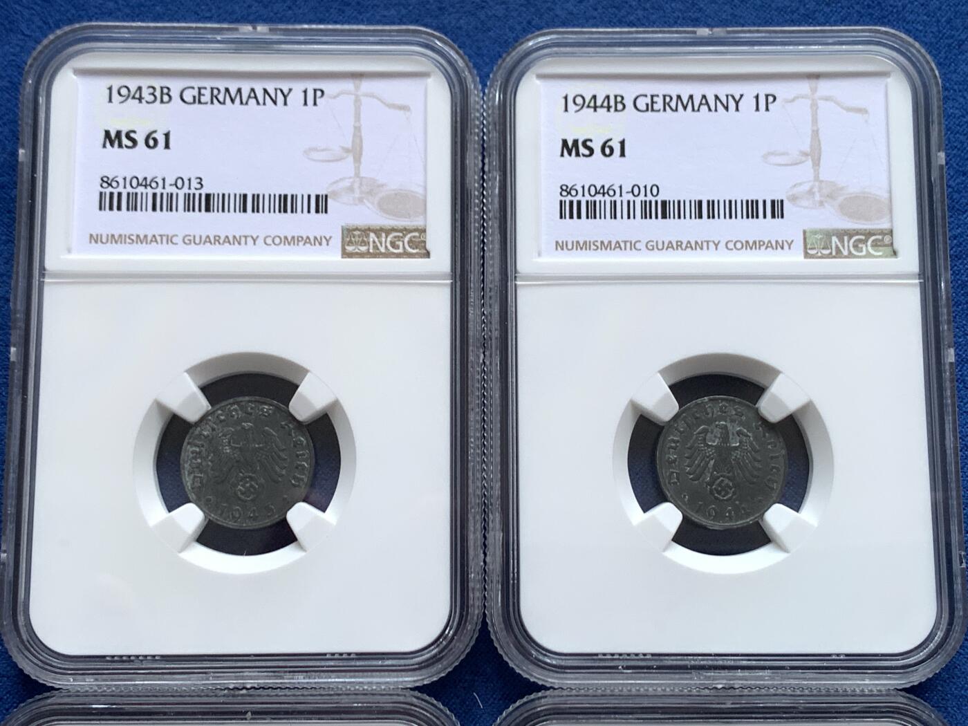 《竞宝斋》第468场 周日，周一 2场连拍 （全场包邮）欢迎送拍 四枚一组 NGC MS61 德国带风车锡币，其中三枚1芬尼，一枚5芬尼，锡币难以保存，这批状态还不错