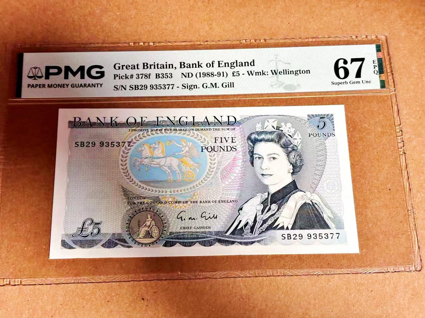 【Blue Auction】世界纸币精拍第792期——18级TOP拍卖/信誉/品质/专业/高效💫 【p378f】英国 1988-91年5镑 PMG67EPQ 