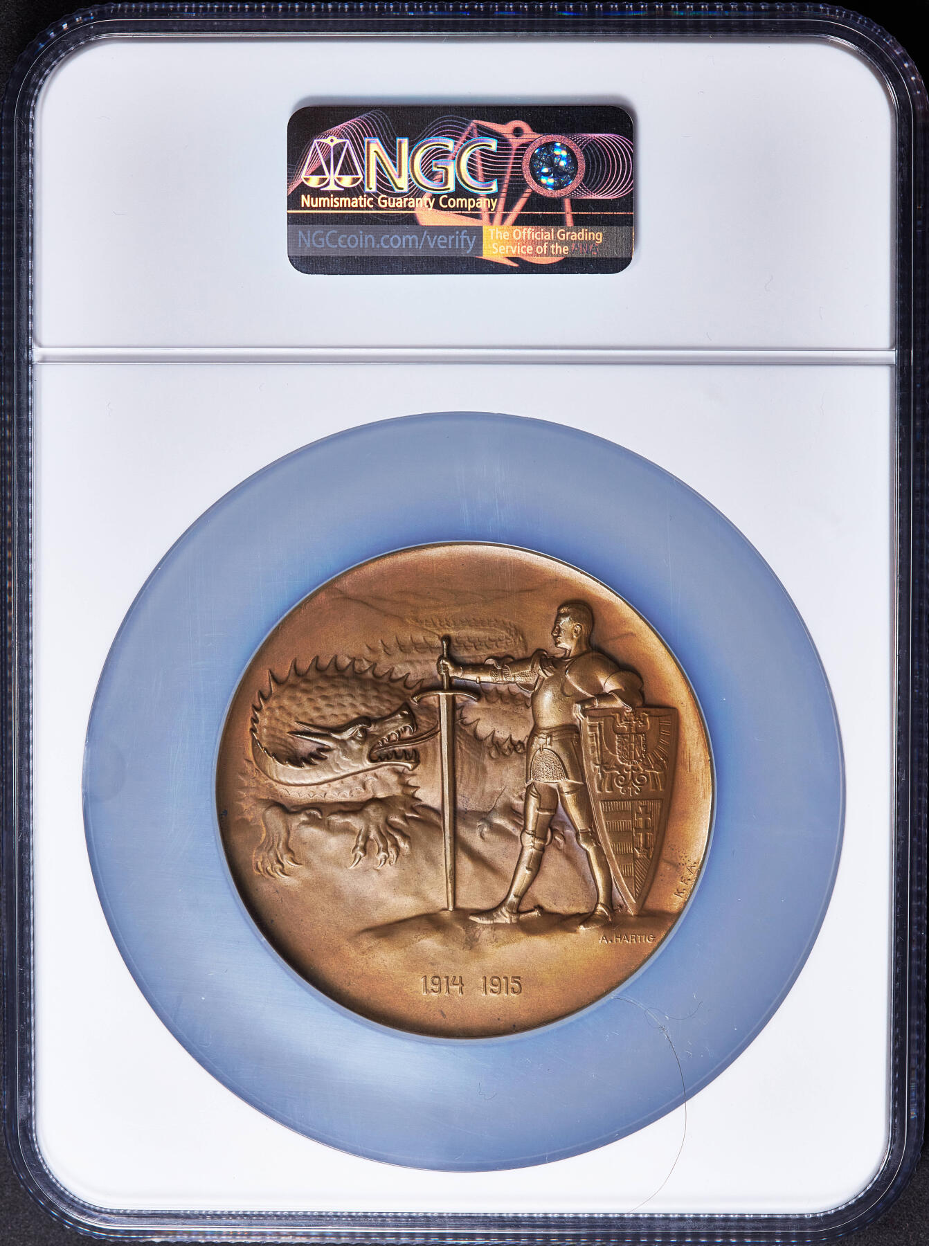 【俄甄集藏】2026年(049)03-18星期三 晚 19:30 全场包邮 奥地利1915年纪念陆军元帅弗兰茨·康拉德·冯·赫岑多夫骑士屠龙大铜章，NGC MS63，经典品种，直径：65mm