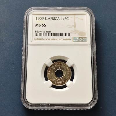 【全场包邮】纯粹捡漏拍511场 - 【收藏级】英属东非和乌干达保护地1909年爱德华七世1/2分-NGC MS65