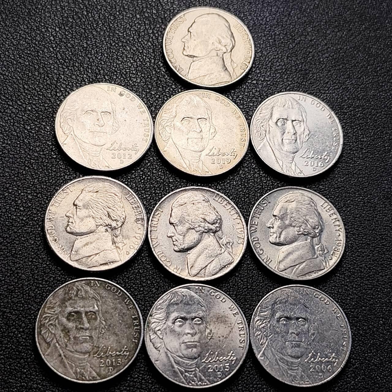 泉币菌-第205场-拍品多 请提前出价 一组10枚 美国杰斐5美分 逊纪念币 混合年份未挑