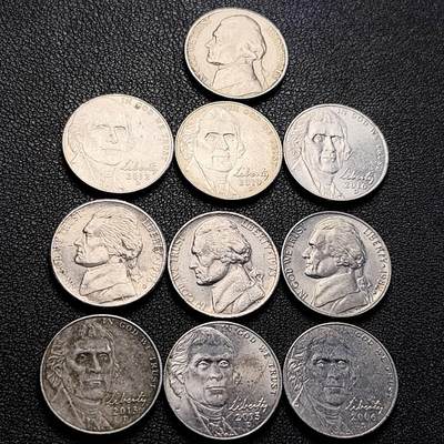 泉币菌-第205场-拍品多 请提前出价 - 一组10枚 美国杰斐5美分 逊纪念币 混合年份未挑