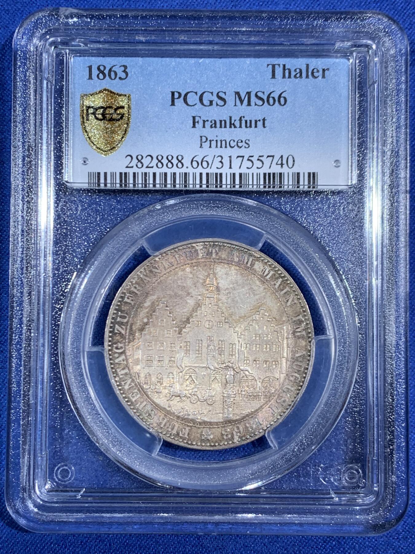 《竞宝斋》第468场 周日，周一 2场连拍 （全场包邮）欢迎送拍 PCGS MS66 德国 德意志 1泰勒 Frankfurt法兰克福 Thun.147 KM#0372 1863年 王子泰勒 欧洲五彩包浆 顶级品相