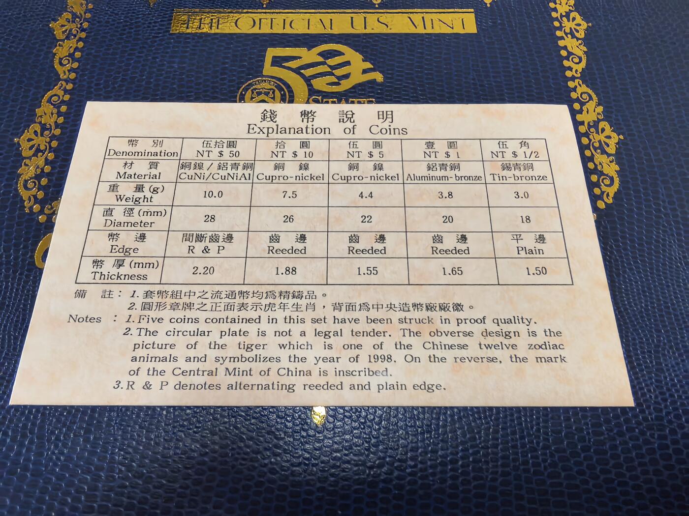 长老汇马年精选第十四场拍卖 1998中国台湾5枚精制币套装，含虎年银章1枚，盒证全