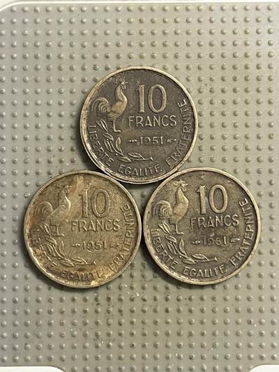 2026年第30场各国散币拍卖（总第180场） - 法国1951年10法郎3枚