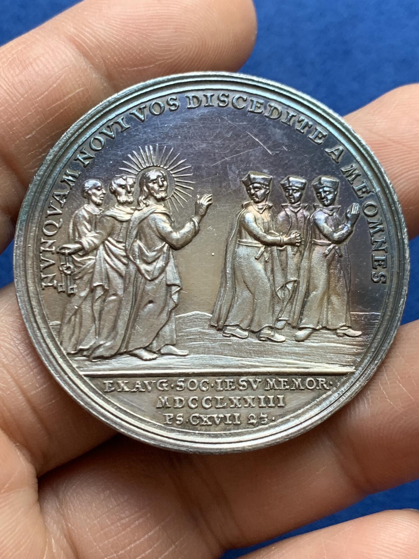 《竞宝斋》第468场 周日，周一 2场连拍 （全场包邮）欢迎送拍 1783年教皇国为纪念教皇克雷芒十四世废除耶稣会银质纪念章 21.9克 44.3mm 带盒