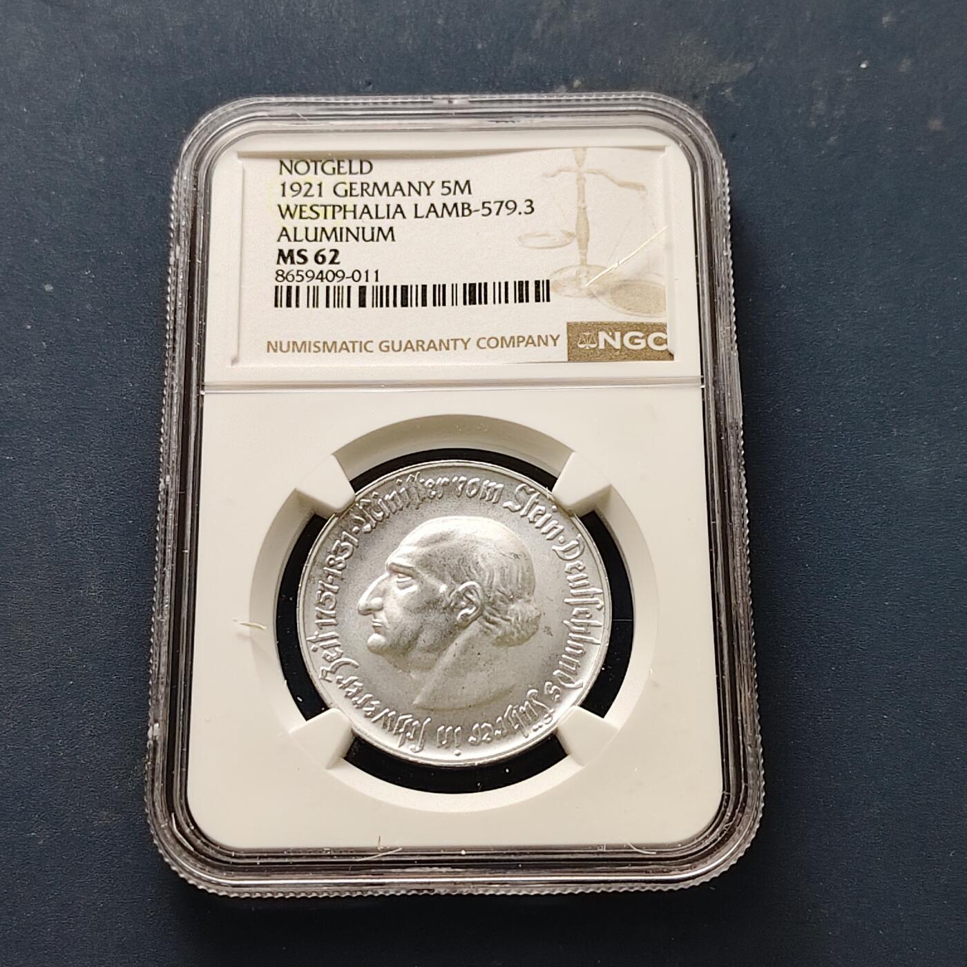 【全场包邮】纯粹捡漏拍511场 德国紧急状态威斯特法伦1921年5马克冯·施泰因男爵大马币-NGC MS62