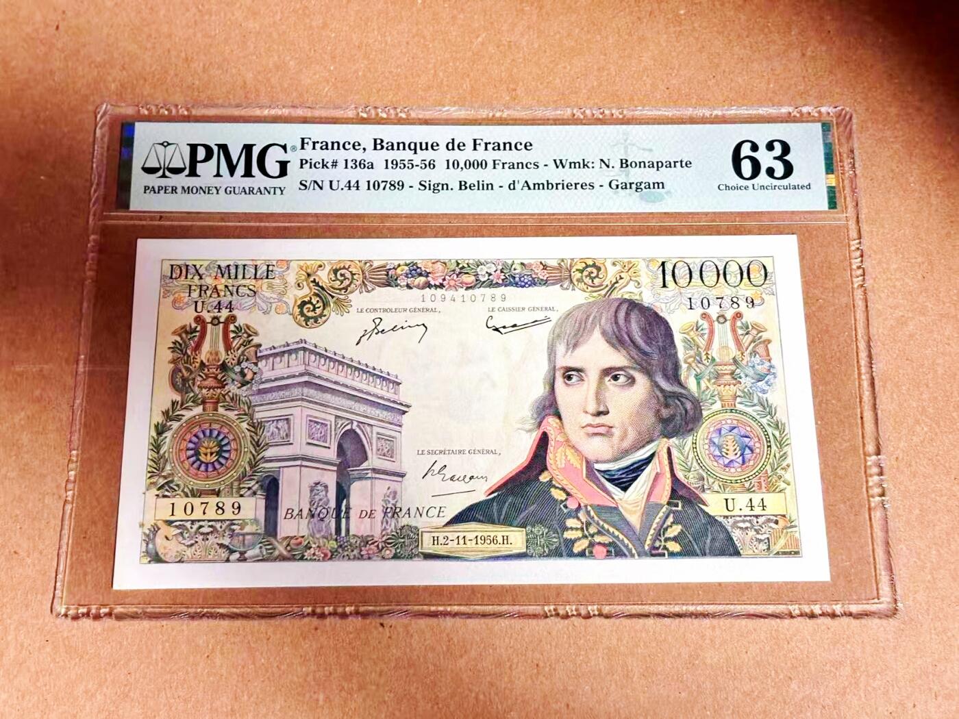 【Blue Auction】世界纸币精拍第792期——18级TOP拍卖/信誉/品质/专业/高效💫 【789顺子号】法国 1956年10000法郎 未改值版 拿破仑 PMG63