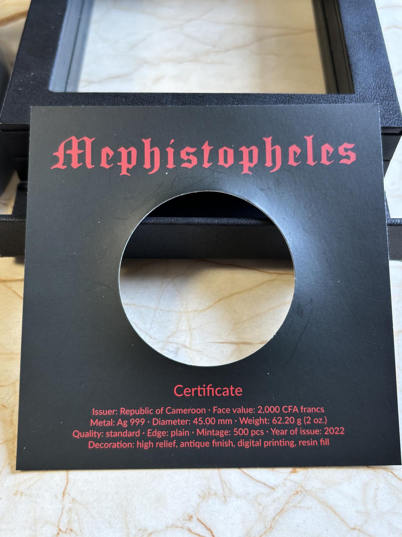 第193期拍卖 喀麦隆2022年天使魔王系列梅菲斯特费勒斯2盎司纪念银币，999银，发行500枚