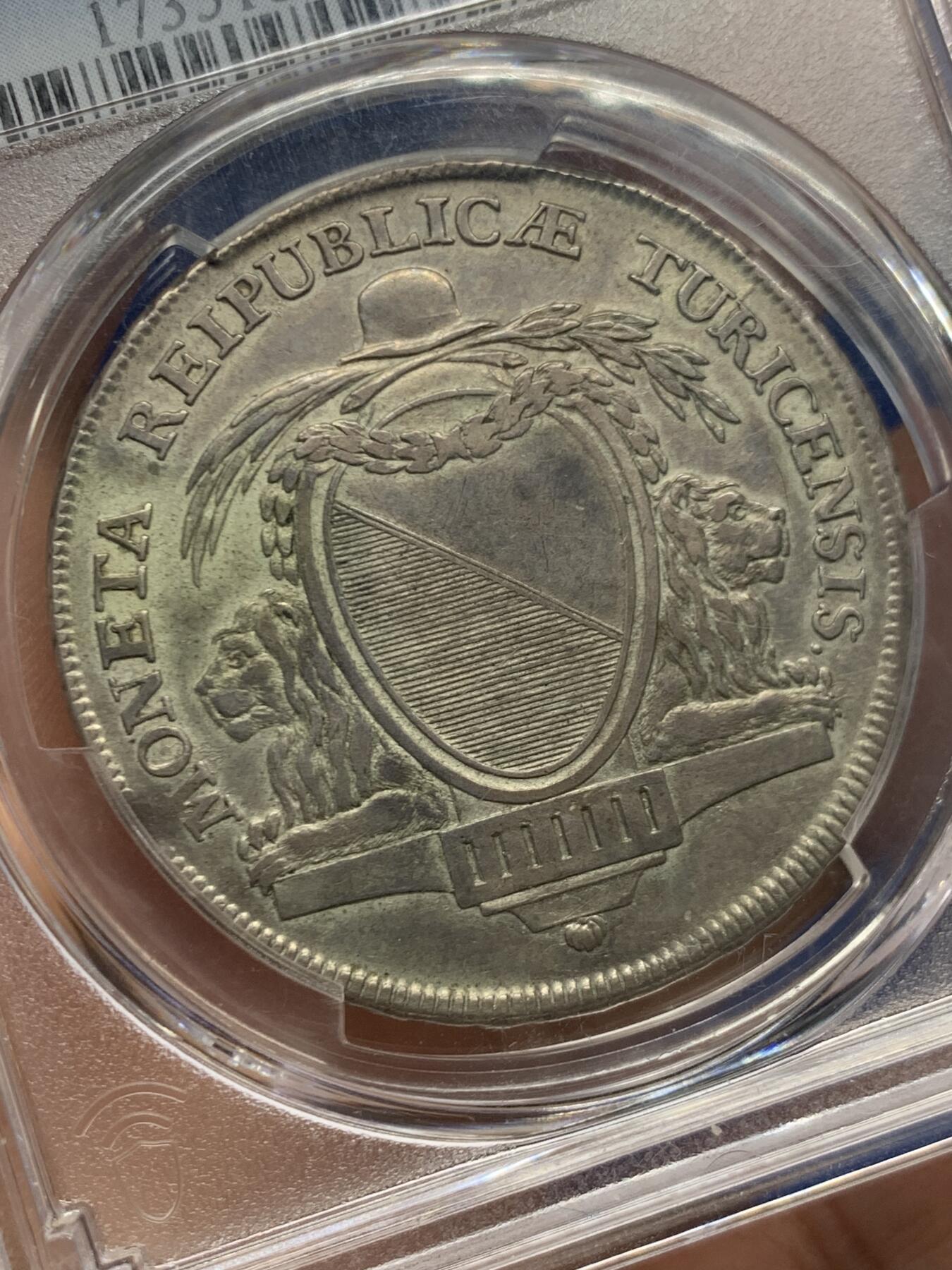 《竞宝斋》第468场 周日，周一 2场连拍 （全场包邮）欢迎送拍 PCGS AU53 瑞士 1783年 苏黎世1泰勒银币 少见品种 克书XF40标价625刀 更高分仅3枚