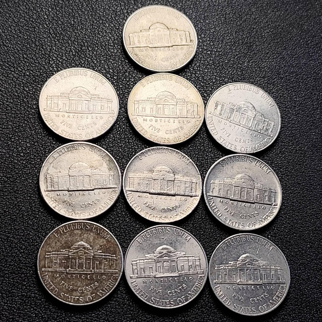 泉币菌-第205场-拍品多 请提前出价 一组10枚 美国杰斐5美分 逊纪念币 混合年份未挑