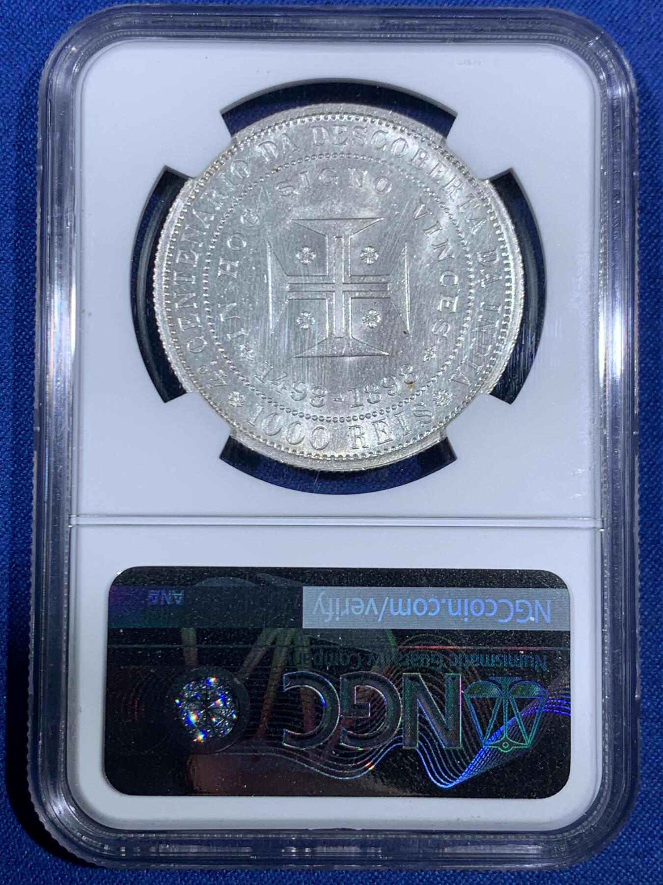 《竞宝斋》第468场 周日，周一 2场连拍 （全场包邮）欢迎送拍 NGC UNC 葡萄牙1898年发现印度纪念1000瑞斯大银币