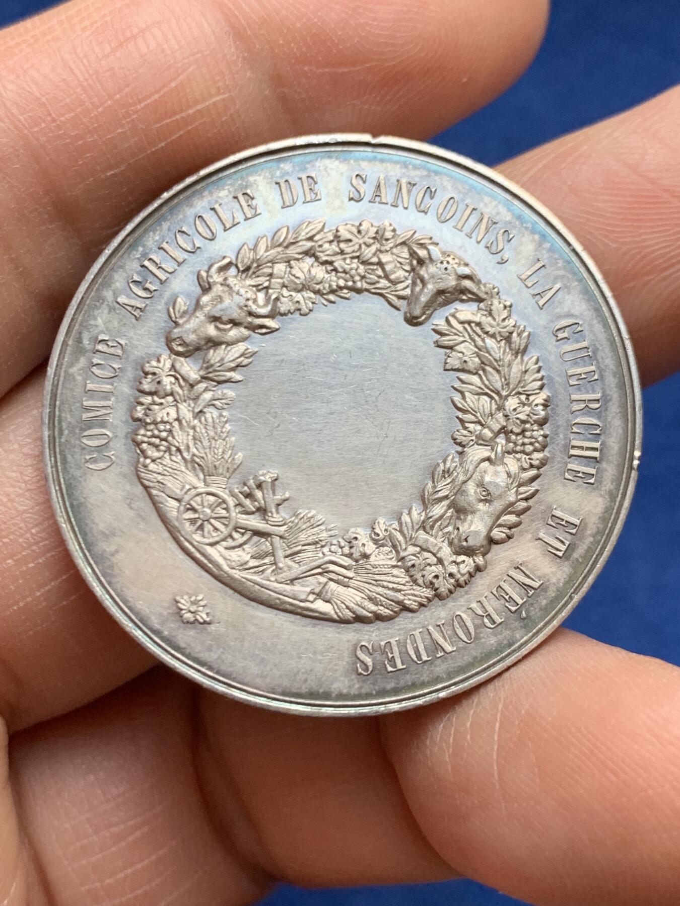 《竞宝斋》第468场 周日，周一 2场连拍 （全场包邮）欢迎送拍 法国农业之父银质纪念章 22.2克 36.2mm 丰饶角银标