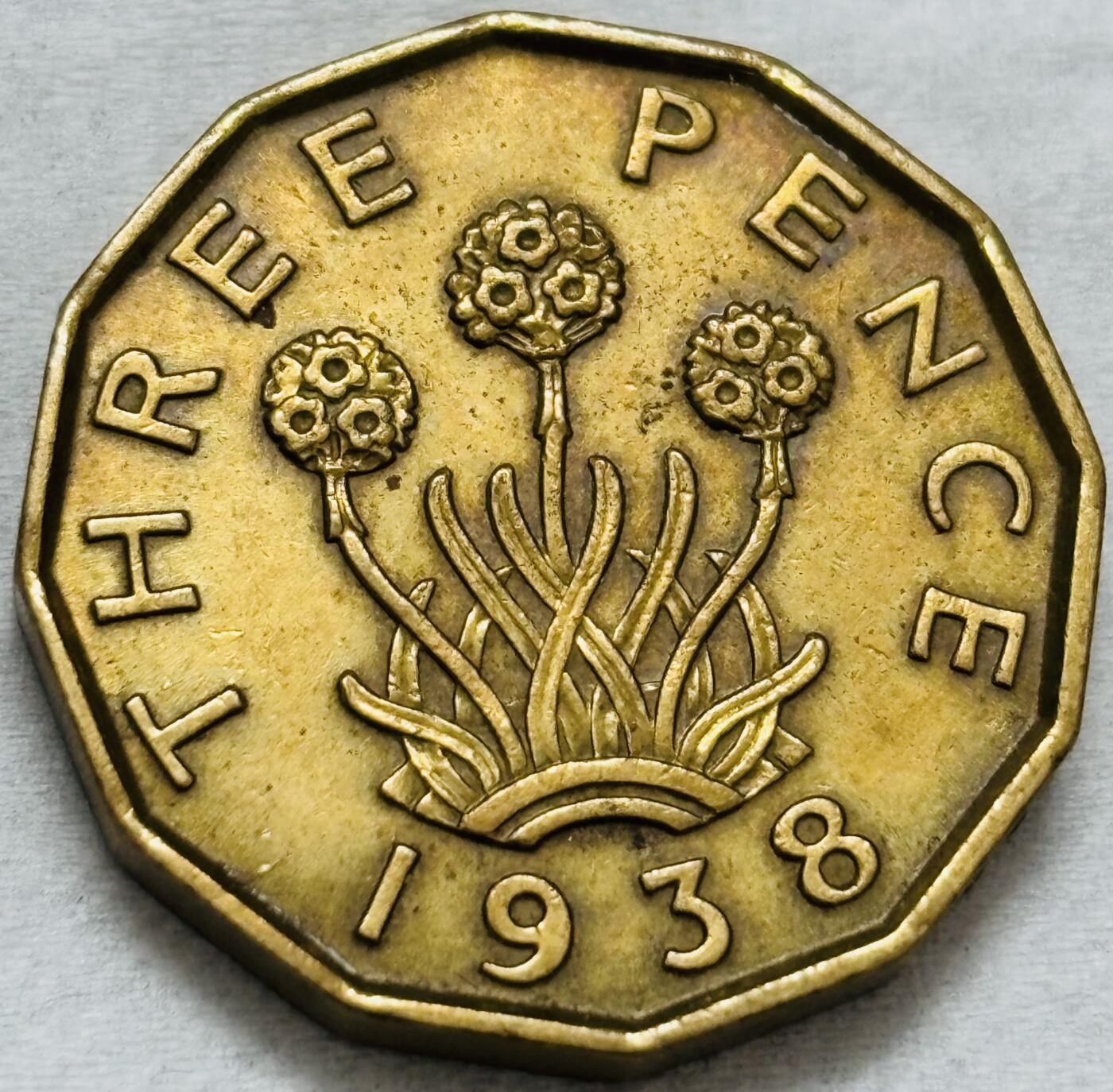 文馨钱币收藏第 296 场，长期接代拍业务 极美品 1938 年英国乔治六世 3 便士铜币