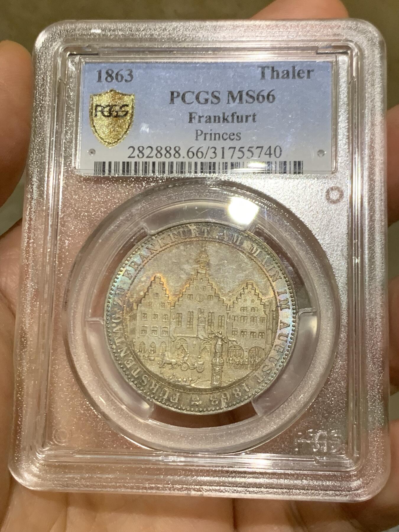 《竞宝斋》第468场 周日，周一 2场连拍 （全场包邮）欢迎送拍 PCGS MS66 德国 德意志 1泰勒 Frankfurt法兰克福 Thun.147 KM#0372 1863年 王子泰勒 欧洲五彩包浆 顶级品相