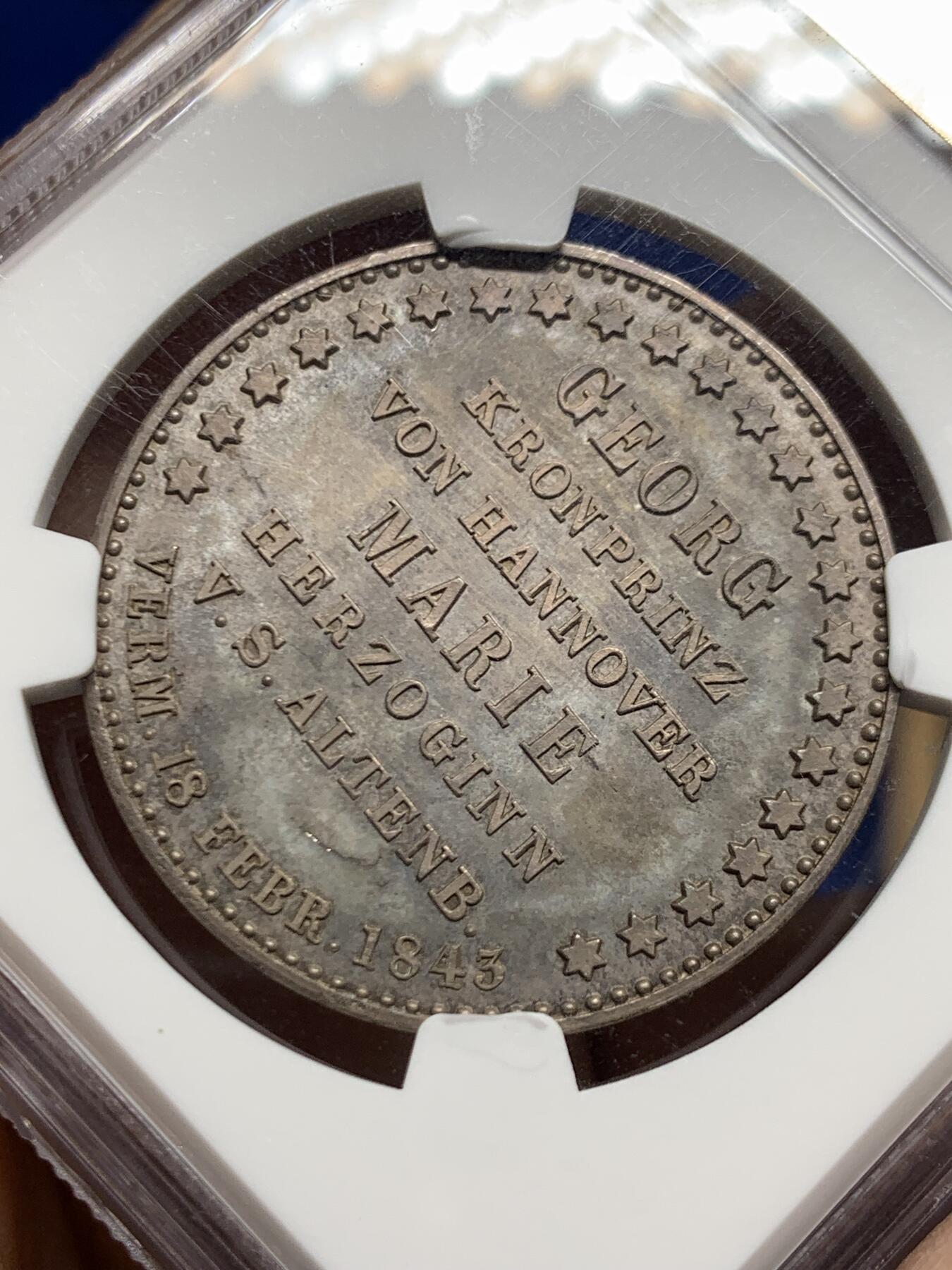 《竞宝斋》第468场 周日，周一 2场连拍 （全场包邮）欢迎送拍 亚军分 NGC MS64 德国 1843 汉诺威王家婚礼纪念泰勒 发行量仅1010枚 可遇不可求的品种 更高分仅一枚