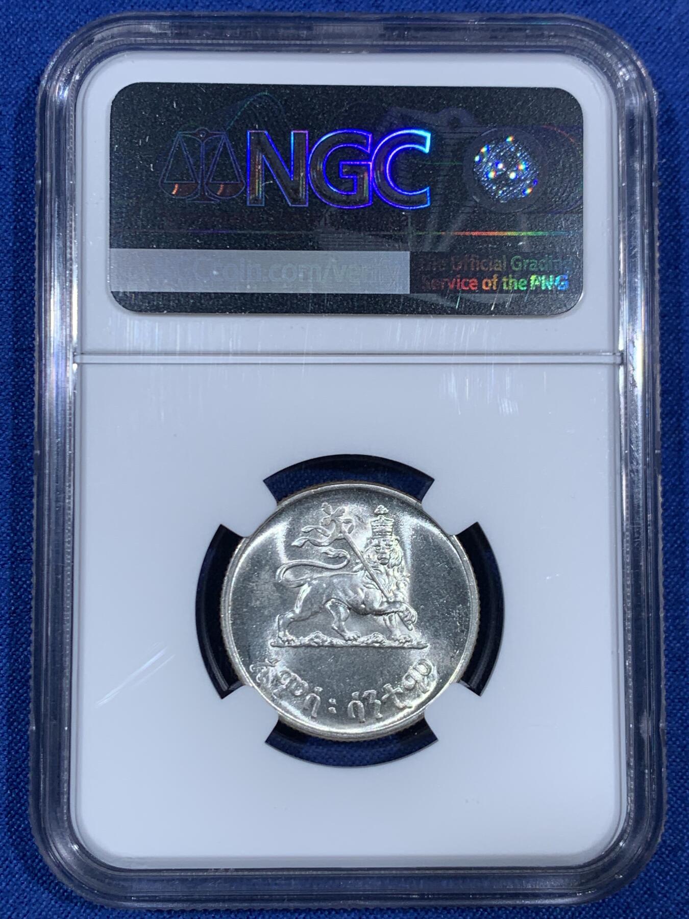 《竞宝斋》第468场 周日，周一 2场连拍 （全场包邮）欢迎送拍 NGC MS64 埃塞俄比亚 EE1936（1944年）50分银币 少见高分