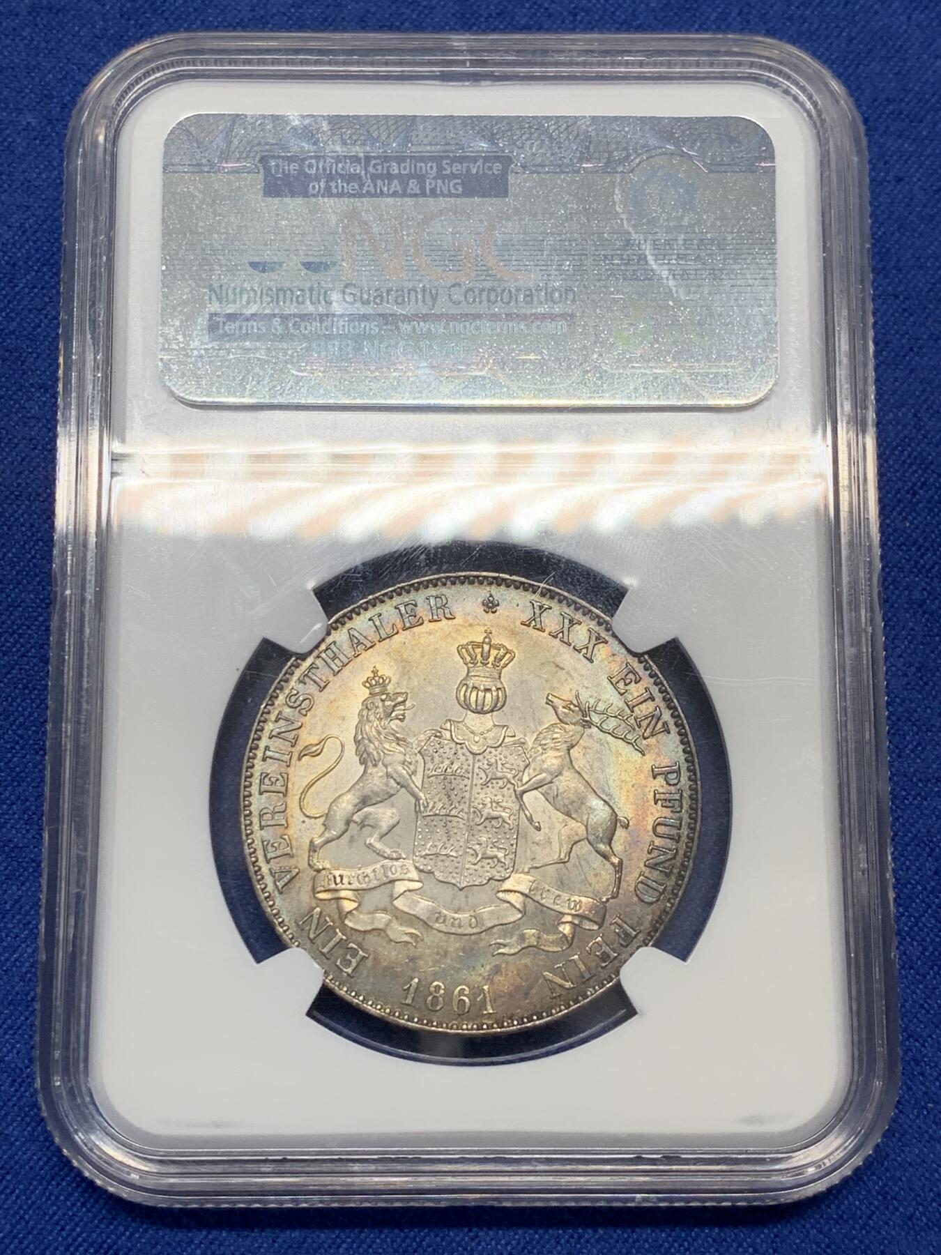 《竞宝斋》第468场 周日，周一 2场连拍 （全场包邮）欢迎送拍 NGC MS63 德国1861年符腾堡狮鹿1泰勒 ngc老标签严评，原味环五彩，灿若星河的包浆，搭配狮鹿的题材，观感超越分数