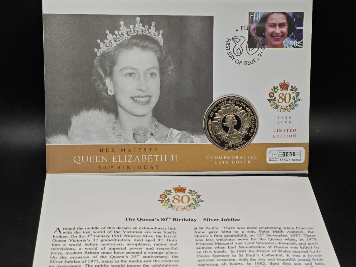  【淘币小摊】限时拍第八百七十八拍   克朗币邮币封场    每周一统一发货 英属南丁格尔岛2006年女王80周岁克朗纪念币邮币封