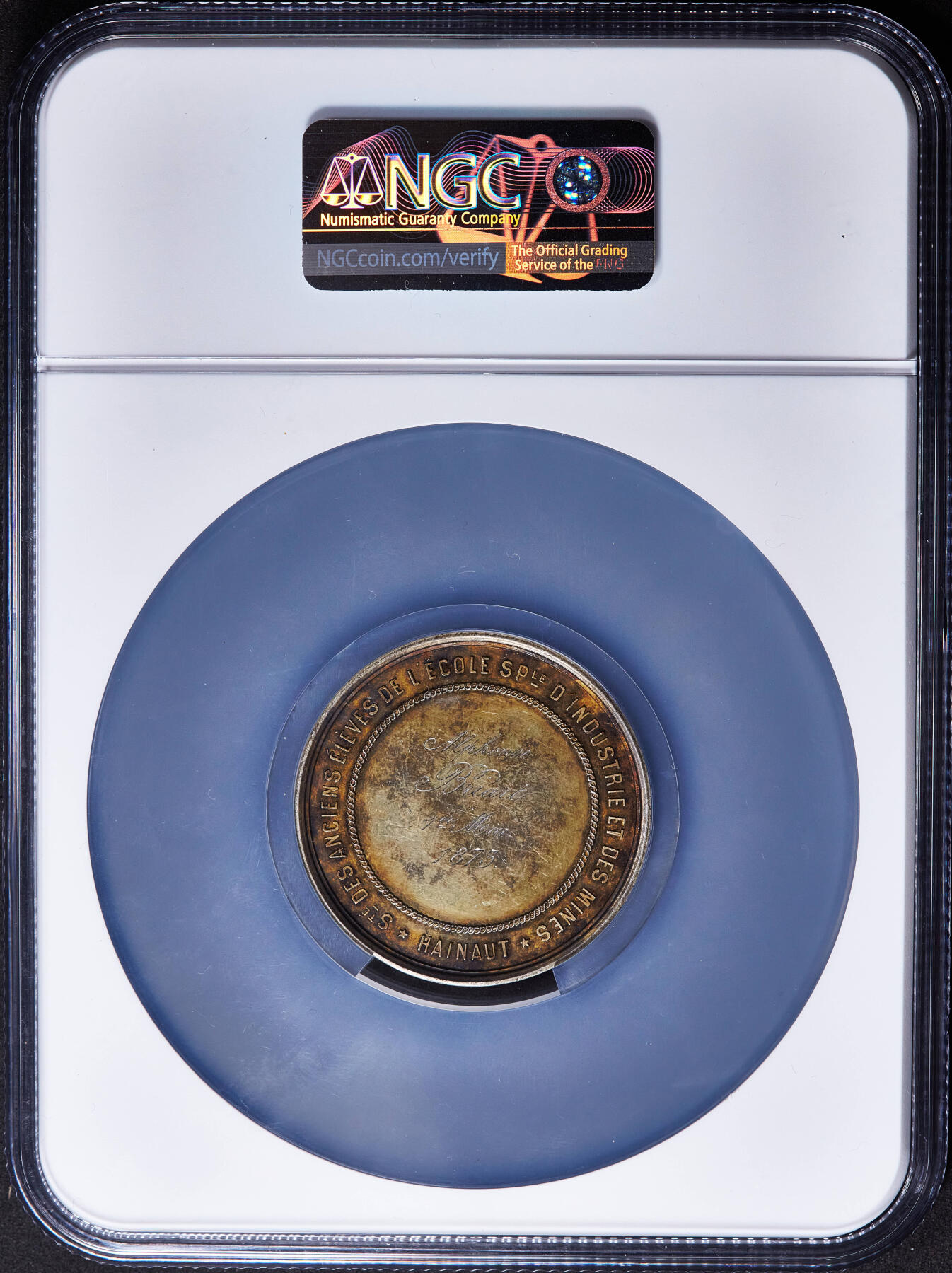 【俄甄集藏】2026年(049)03-18星期三 晚 19:30 全场包邮 比利时1873年埃诺省矿业与工业工程师协会镀金大银章，NGC MS61，蜜蜂设计精美，著名雕刻师哈特作品，授予阿尔方斯·布里亚特，直径：46mm，稀有品种