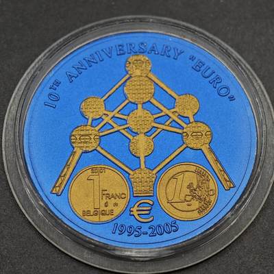 【淘币小摊】实时拍第八百七十九拍   银币套币场    每周一统一发货 - 利比里亚2005年5元蓝铌部分镀金纪念币 欧元发行10周年-比利时 7.78克铌