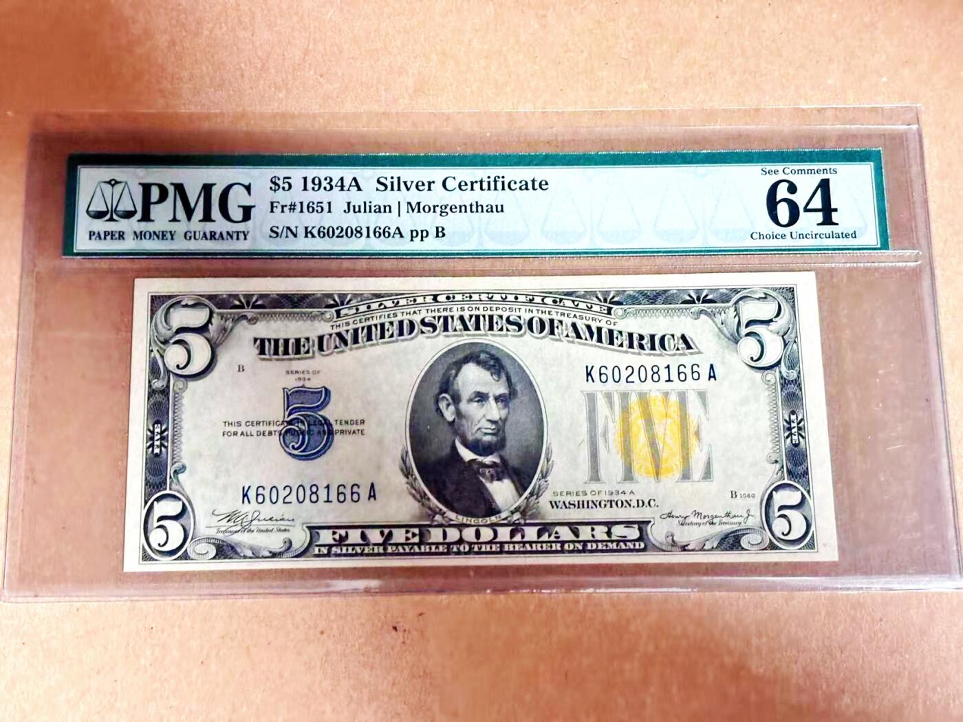 【Blue Auction】世界纸币精拍第792期——18级TOP拍卖/信誉/品质/专业/高效💫 【66尾无47 最老的壳子EPQ在背面】美国 1934年5美金 PMG64EPQ 北非券 老壳