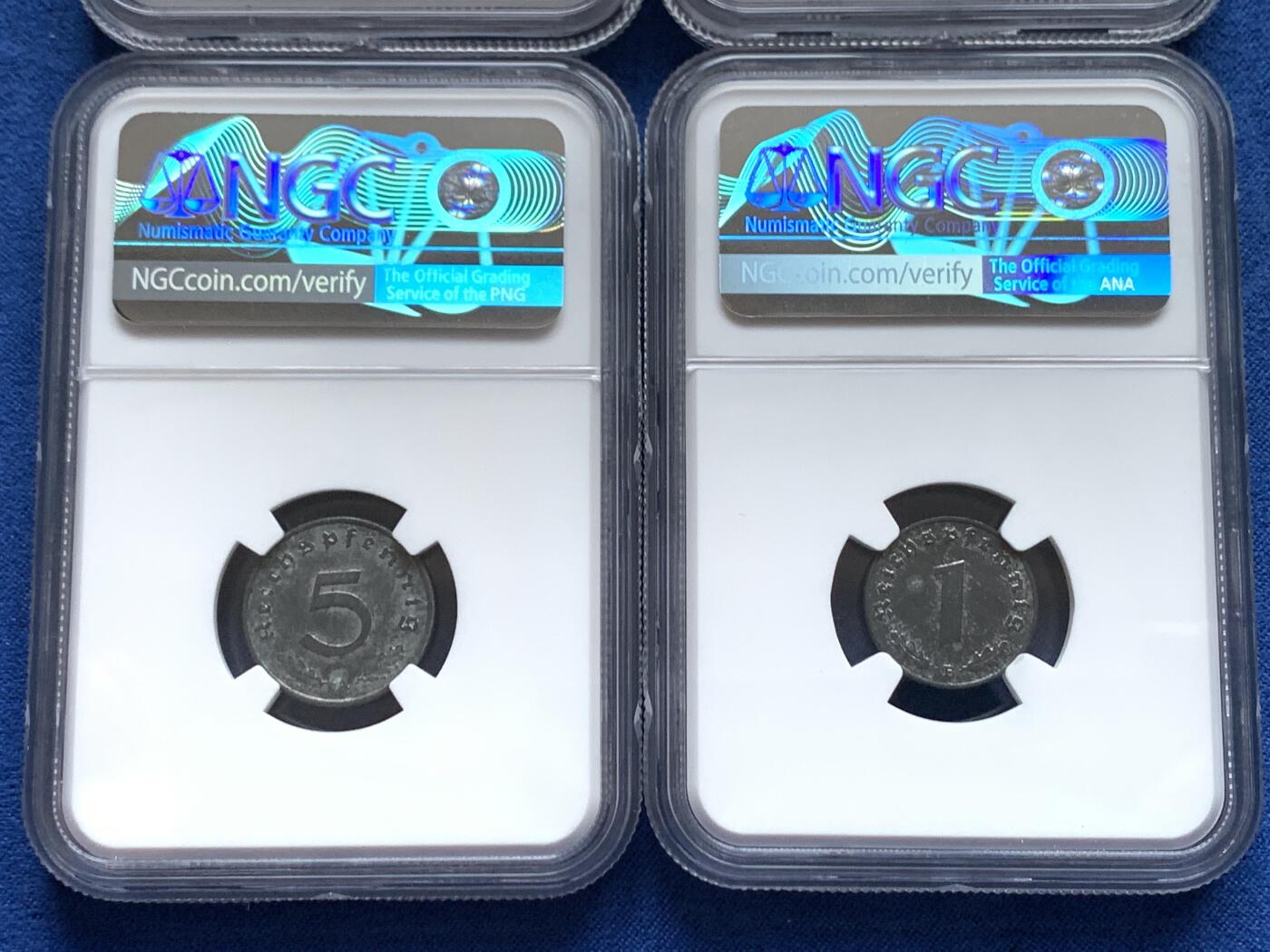 《竞宝斋》第468场 周日，周一 2场连拍 （全场包邮）欢迎送拍 四枚一组 NGC MS61 德国带风车锡币，其中三枚1芬尼，一枚5芬尼，锡币难以保存，这批状态还不错