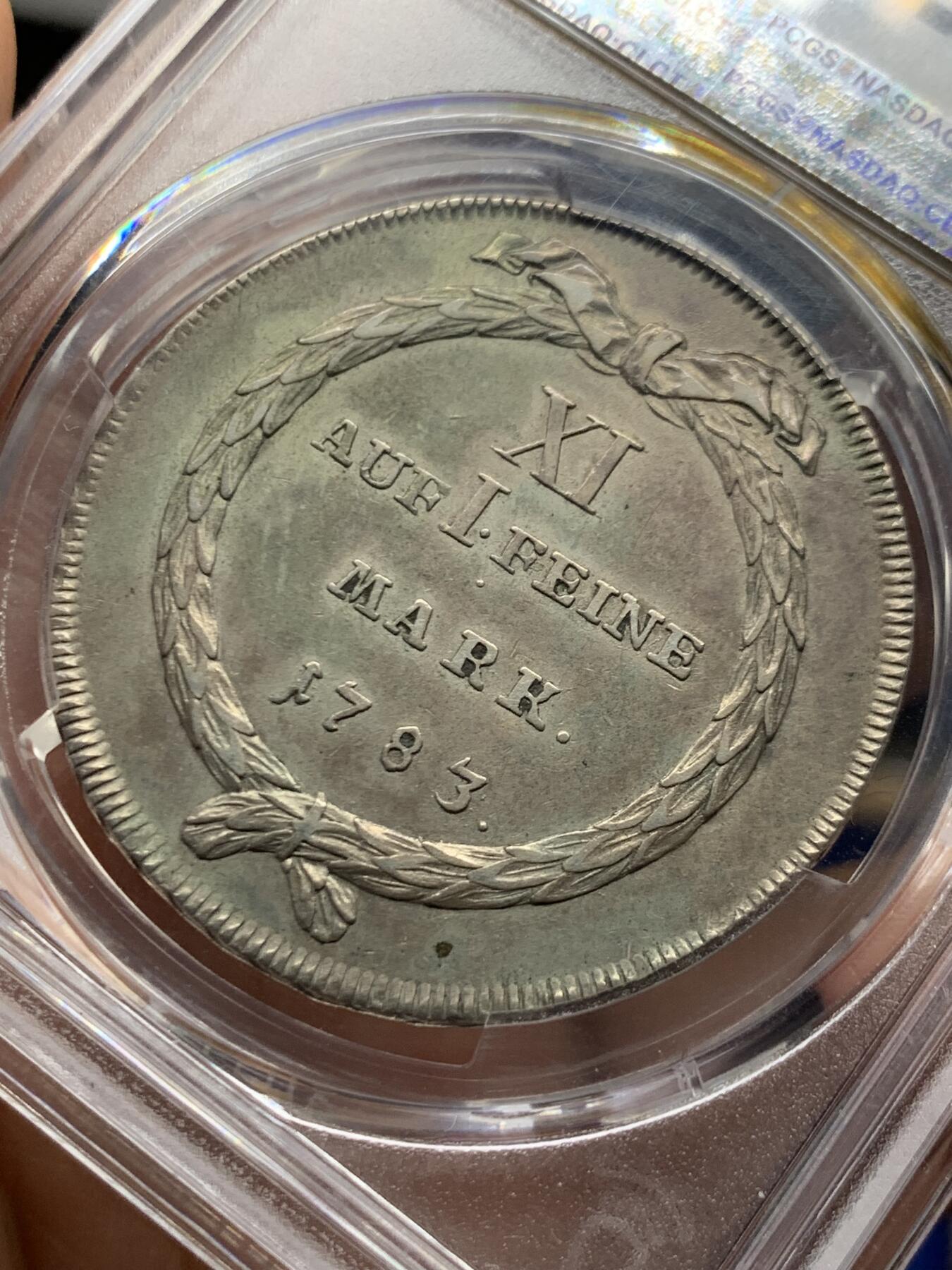 《竞宝斋》第468场 周日，周一 2场连拍 （全场包邮）欢迎送拍 PCGS AU53 瑞士 1783年 苏黎世1泰勒银币 少见品种 克书XF40标价625刀 更高分仅3枚