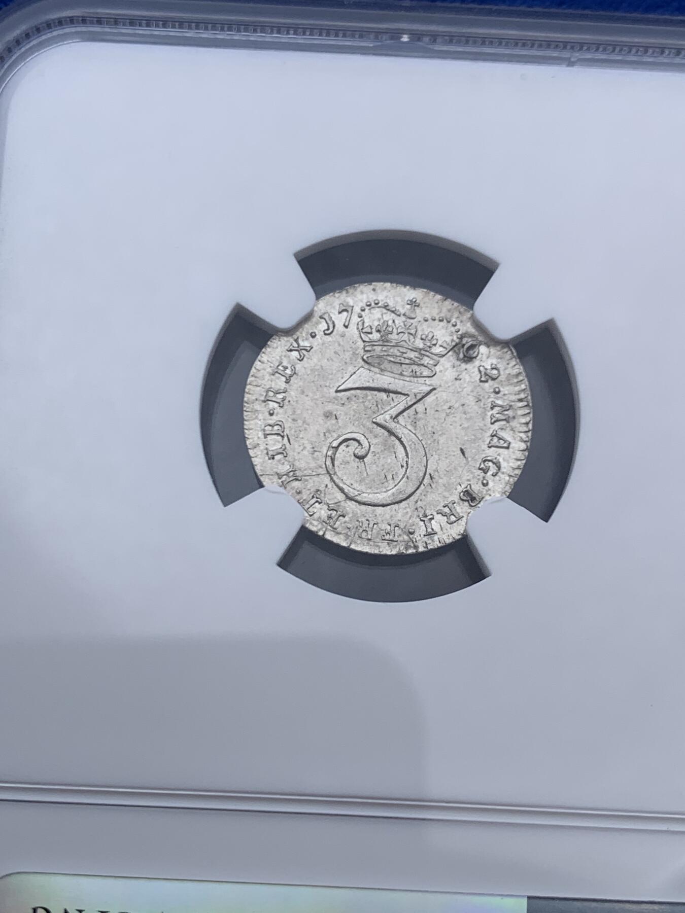 《竞宝斋》第468场 周日，周一 2场连拍 （全场包邮）欢迎送拍 NGC UNCD 英国1762年乔治三世3便士濯足币