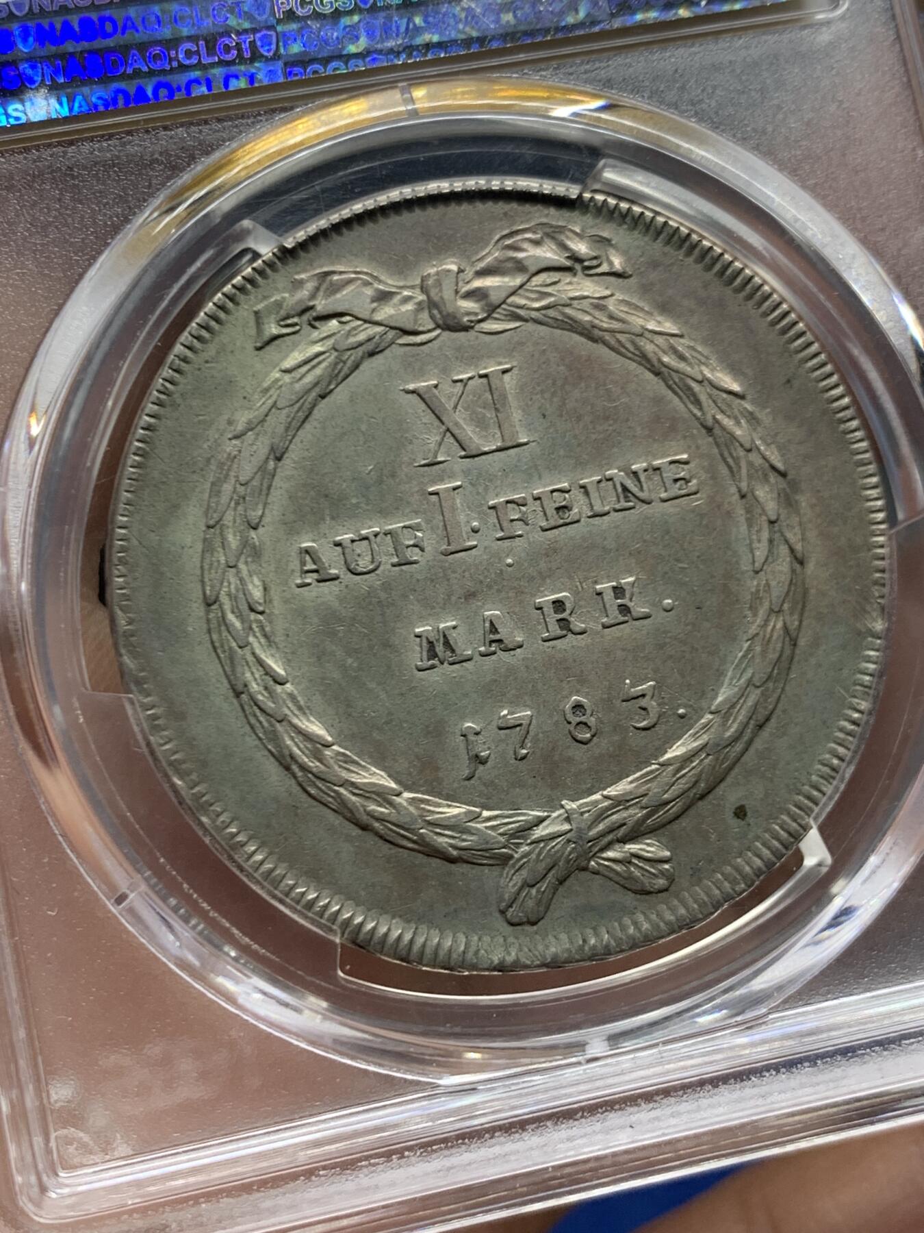 《竞宝斋》第468场 周日，周一 2场连拍 （全场包邮）欢迎送拍 PCGS AU53 瑞士 1783年 苏黎世1泰勒银币 少见品种 克书XF40标价625刀 更高分仅3枚