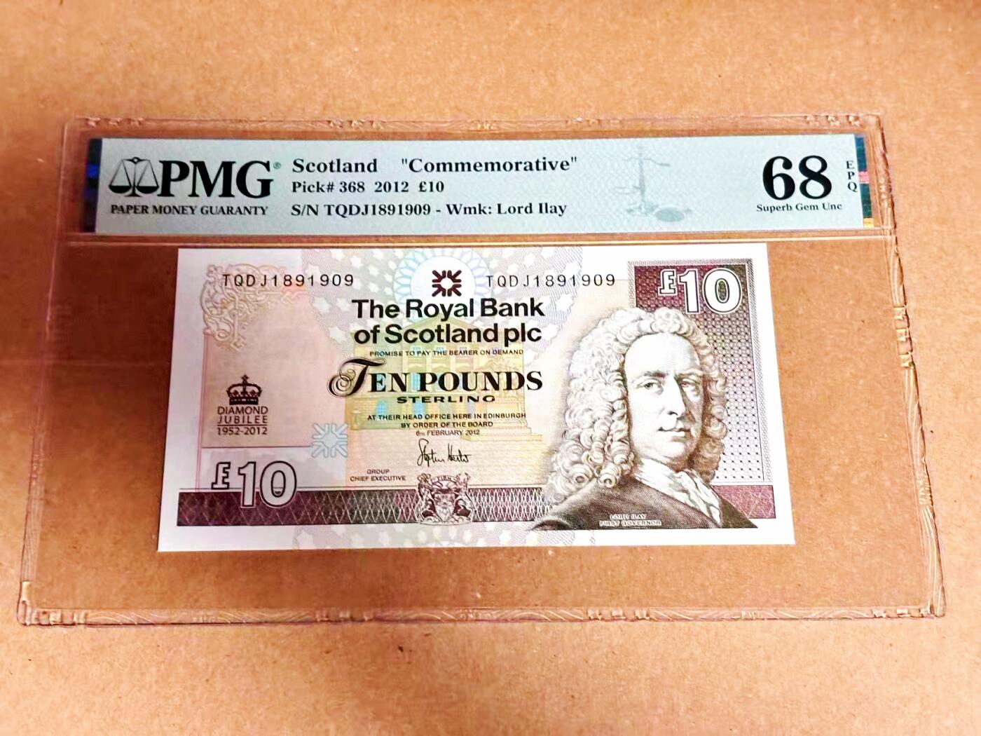 【Blue Auction】世界纸币精拍第792期——18级TOP拍卖/信誉/品质/专业/高效💫 【倒置号】苏格兰 2012年10镑 PMG68EPQ 纪念钞