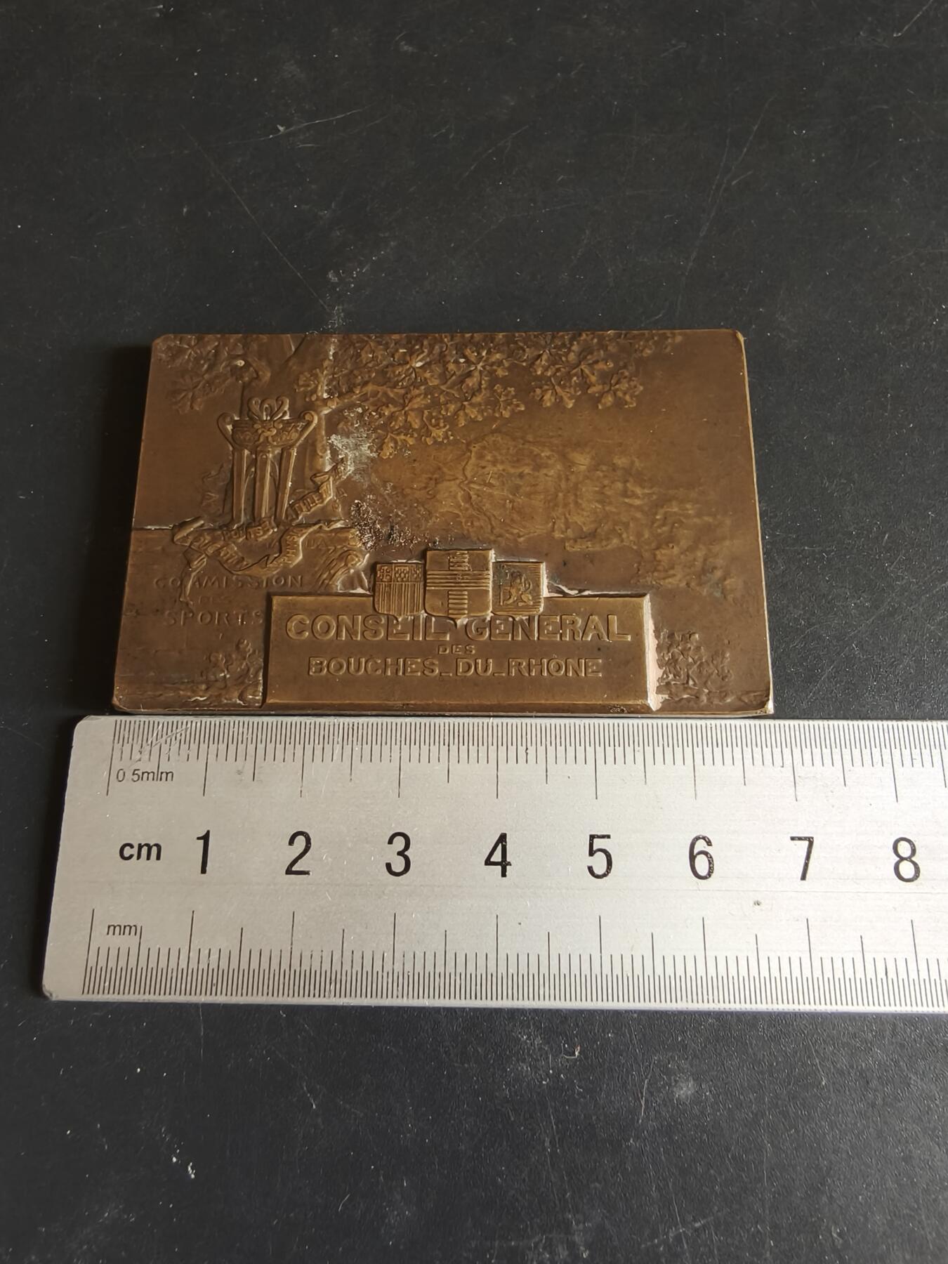 老王徽章第186期 法国罗讷河口省议会体育委员会纪念碑方形大铜章     尺寸68×44mm     重量91.1g