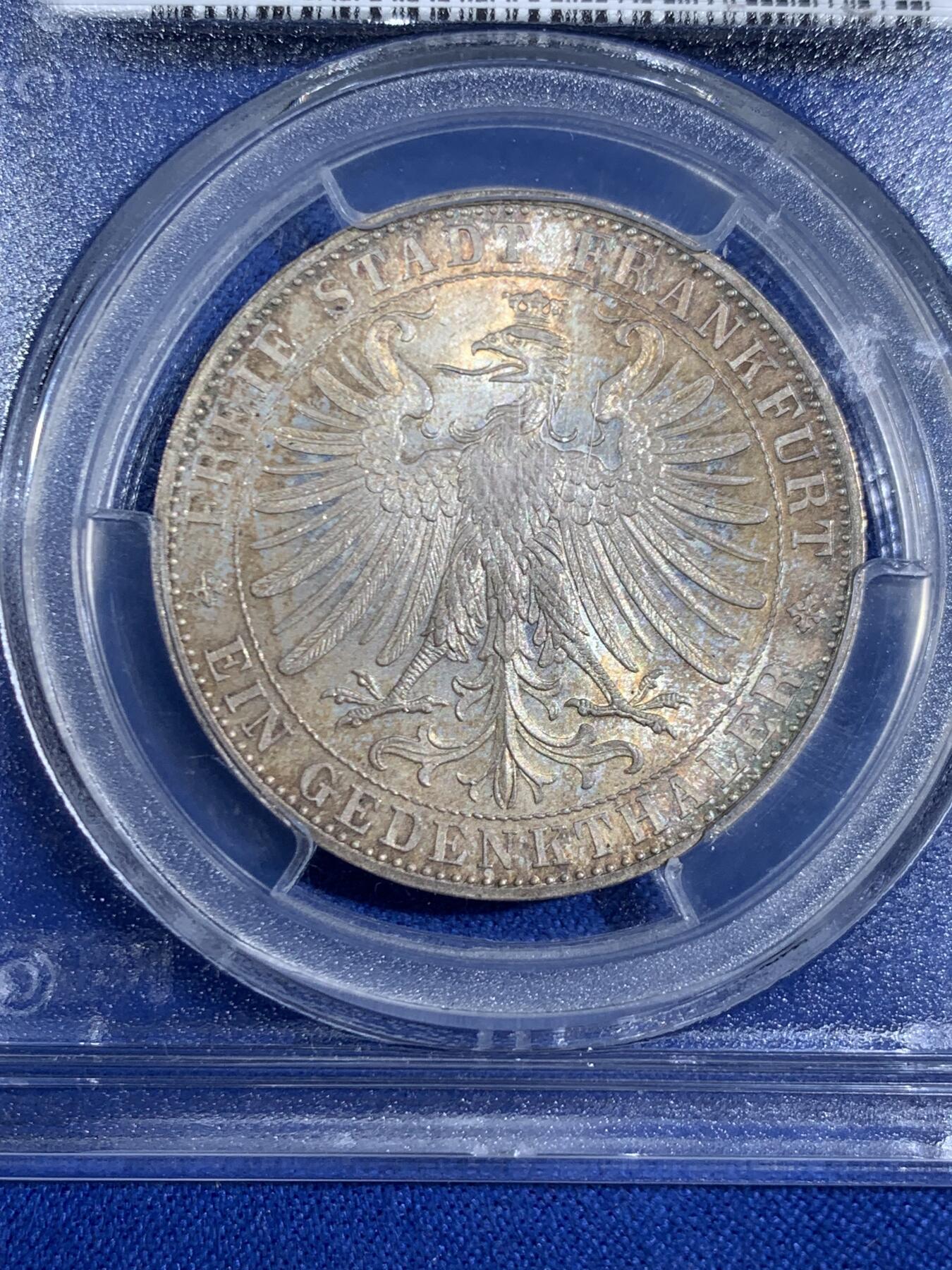 《竞宝斋》第468场 周日，周一 2场连拍 （全场包邮）欢迎送拍 PCGS MS66 德国 德意志 1泰勒 Frankfurt法兰克福 Thun.147 KM#0372 1863年 王子泰勒 欧洲五彩包浆 顶级品相