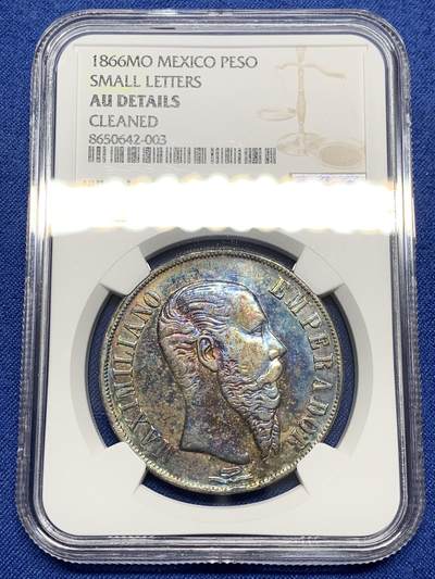 《竞宝斋》第468场 周日，周一 2场连拍 （全场包邮）欢迎送拍 - NGC AUD 1866年墨西哥帝国马克西米利安一世 1比索大银币 幽兰色包浆 币面高点具在 流通痕迹轻微 观感不错