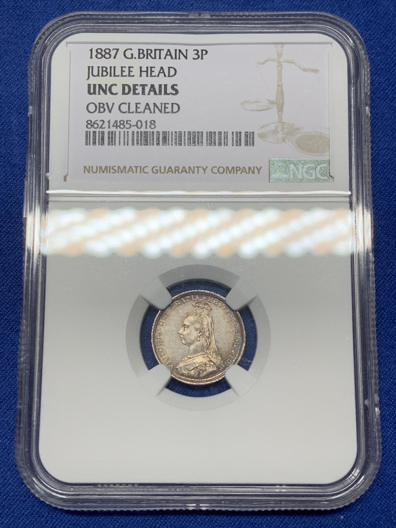《竞宝斋》第468场 周日，周一 2场连拍 （全场包邮）欢迎送拍 NGC UNCD 英国1887年高冠3便士银币，仅为正面清洗，整体品相细节不错