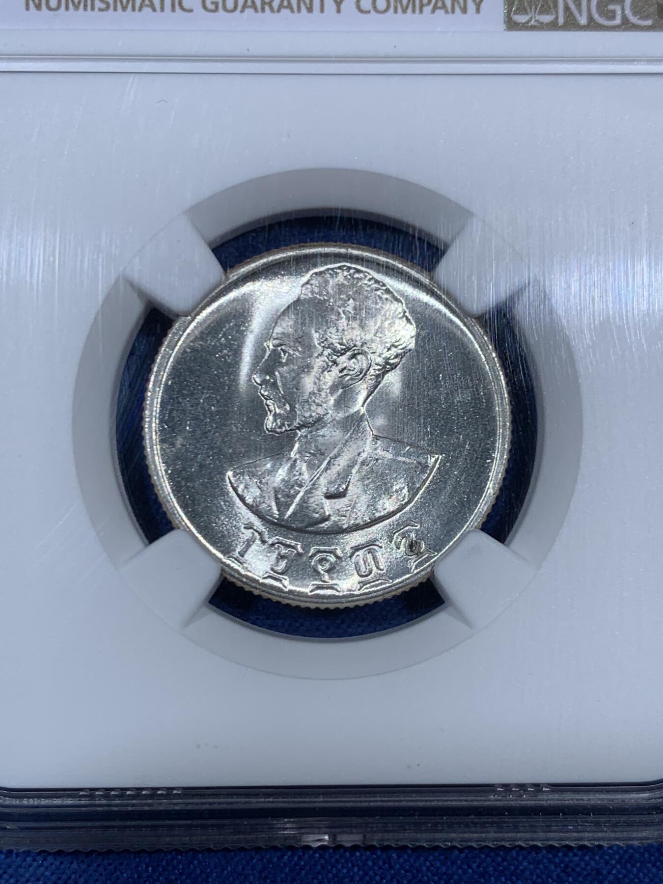 《竞宝斋》第468场 周日，周一 2场连拍 （全场包邮）欢迎送拍 NGC MS64 埃塞俄比亚 EE1936（1944年）50分银币 少见高分