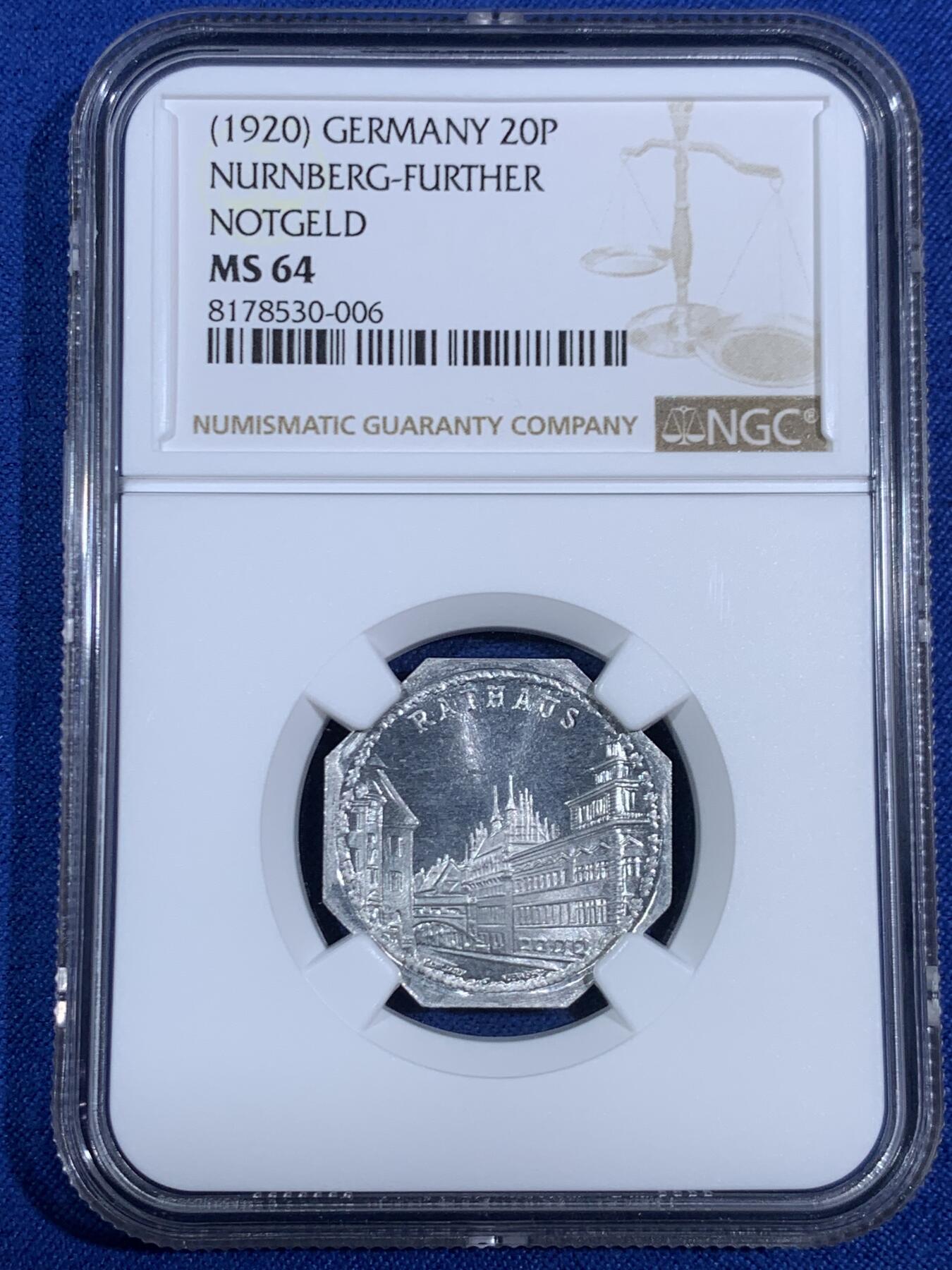 《竞宝斋》第468场 周日，周一 2场连拍 （全场包邮）欢迎送拍 NGC MS64 德国紧急状态时期1920年纽伦堡20芬尼代用币 景观系列