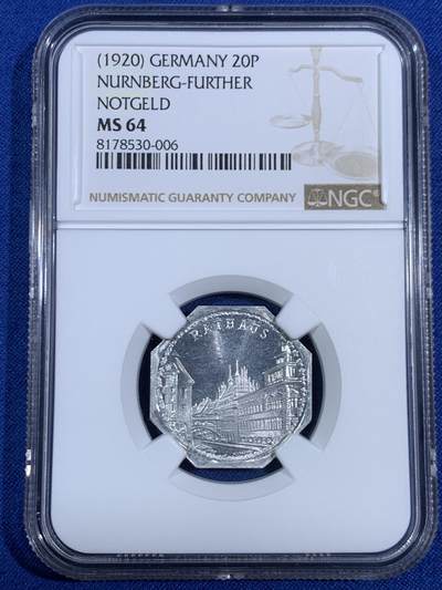 《竞宝斋》第468场 周日，周一 2场连拍 （全场包邮）欢迎送拍 - NGC MS64 德国紧急状态时期1920年纽伦堡20芬尼代用币 景观系列